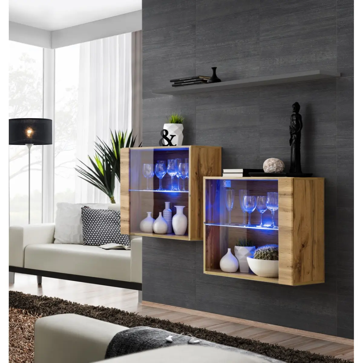 Lot de 2 Vitrines Murales & Étagère «Switch SBIII» 130cm Naturel & Gris