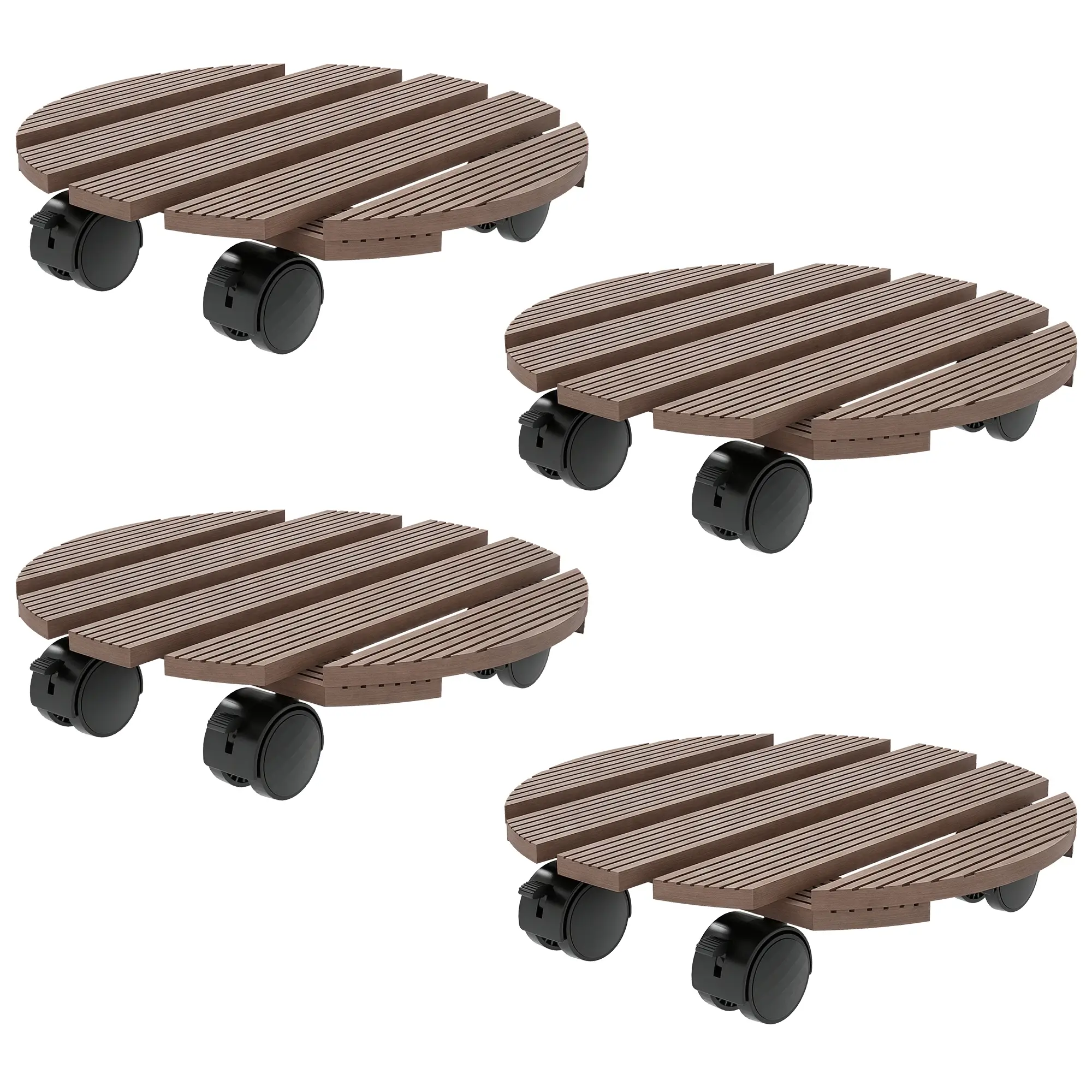 Lot de 4 Supports Ronds à Roulettes pour Plantes Intérieur Extérieur Ø30 cm Marron – ComfortXL Outdoor Living