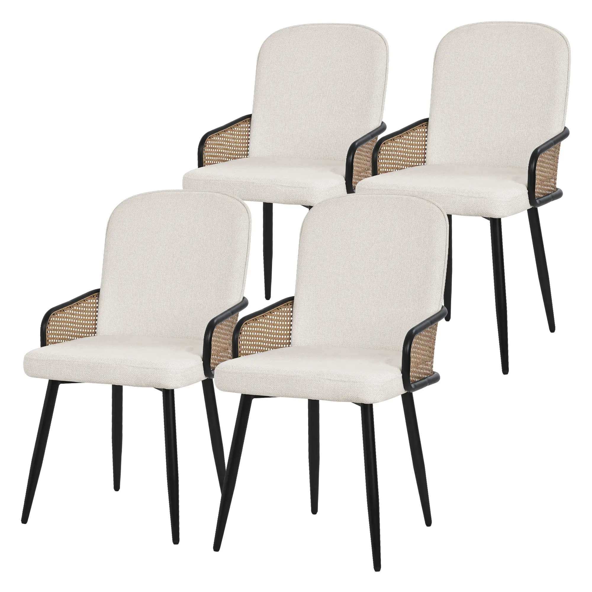 Lot de 4 chaises de salle à manger en tissu beige avec accoudoirs en rotin pieds en métal noir assise rembourrée confortable fauteuils ergonomiques