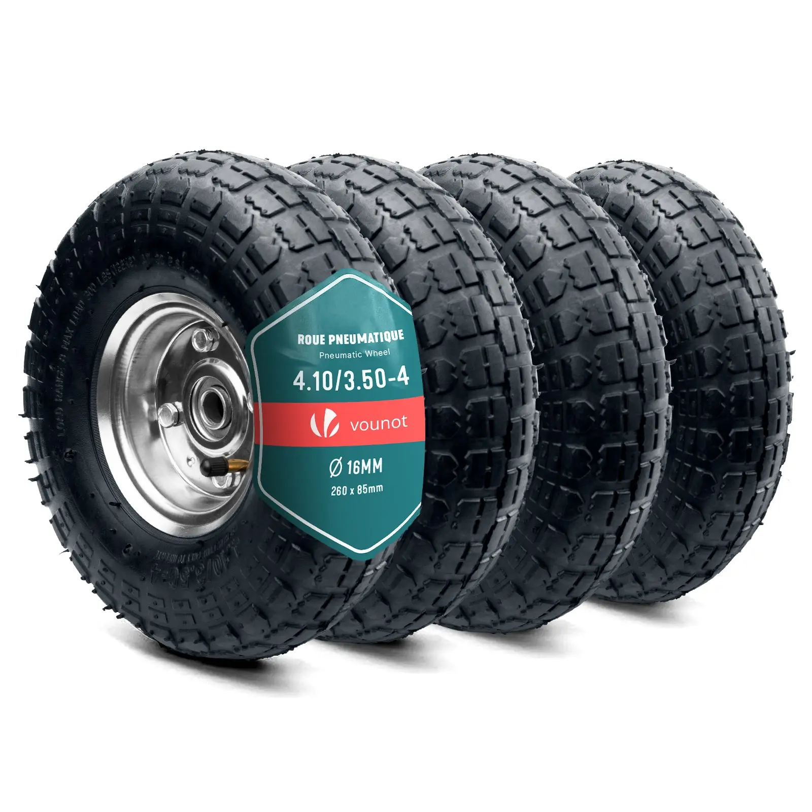 Lot de 4 Roue gonflable robuste 3.5-4 pour chariot brouette alesage 16mm 260x85mm metal