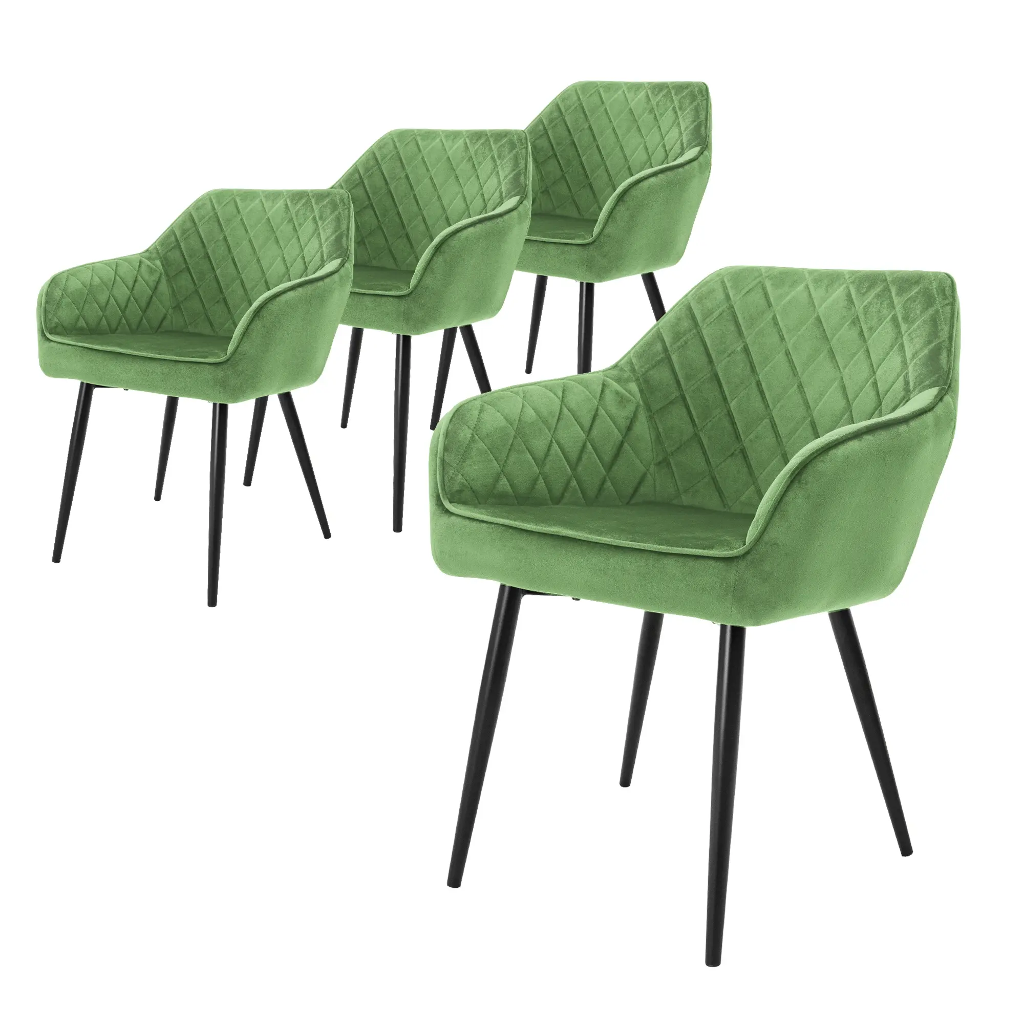 Lot de 4 chaises de salle à manger vert sauge assise dossier et accoudoirs ergonomiques revêtement en velours doux pieds noir en acier design moderne