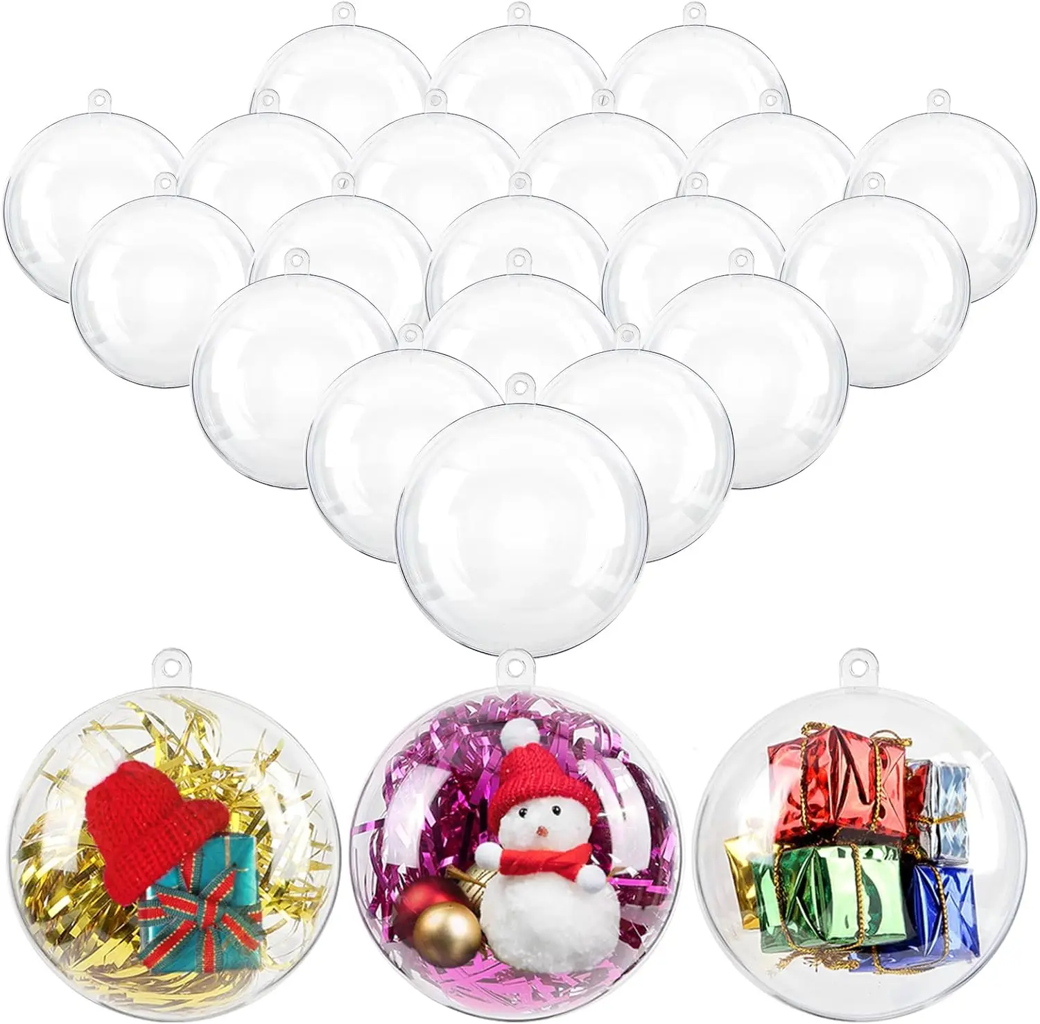 Lot de 20 boules de Noël rondes transparentes en acrylique pour décorer le sapin de Noël (corde non incluse) (8 cm)