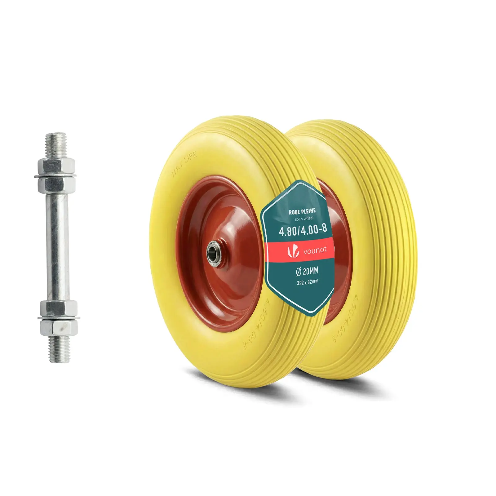 Lot de 2 Roue increvable 4.80/4.00-8 en PU pour brouette diable alesage 20mm 392×92 mm Jaune