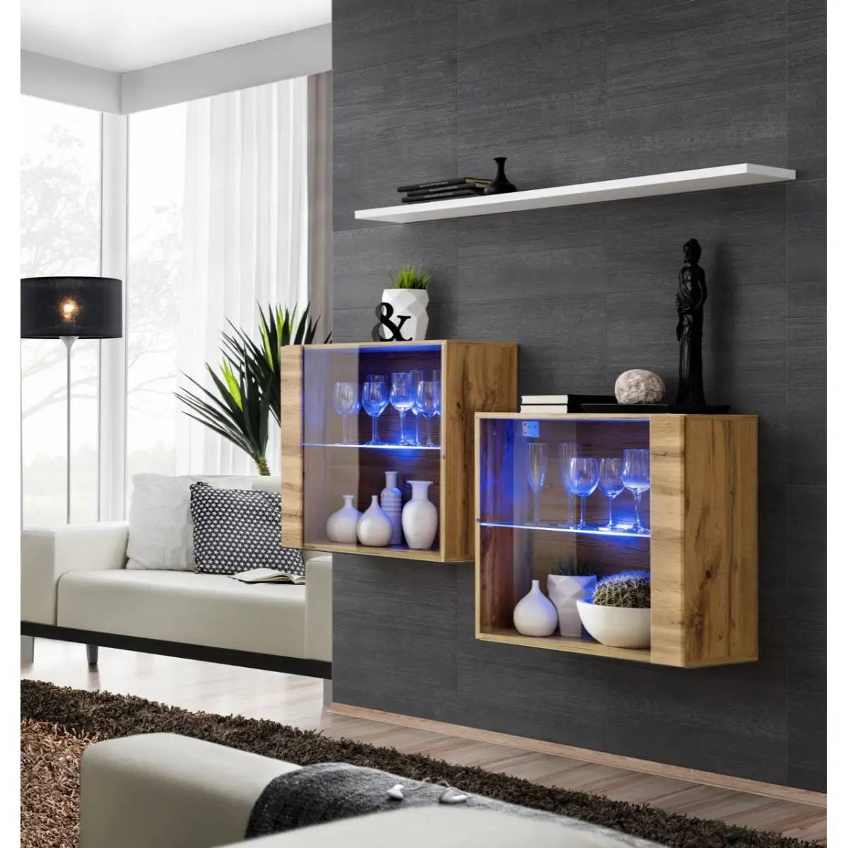 Lot de 2 Vitrines Murales & Étagère «Switch SBIII» 130cm Naturel & Blanc