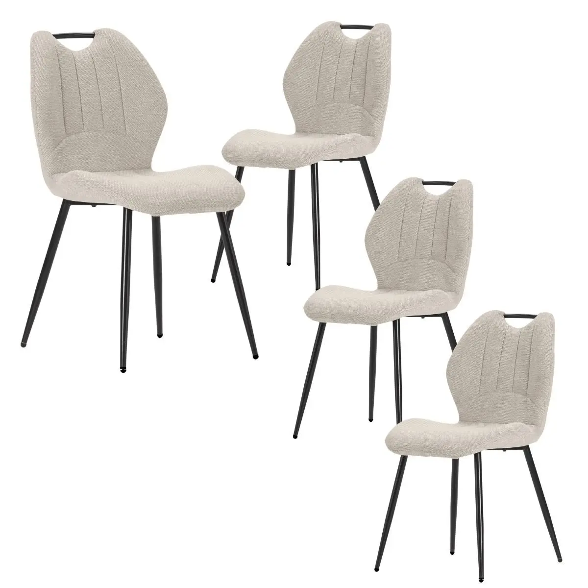 Lot de 4 chaises en tissu polyester maillé beige avec poignée et pieds en métal laqué noir – MILDA