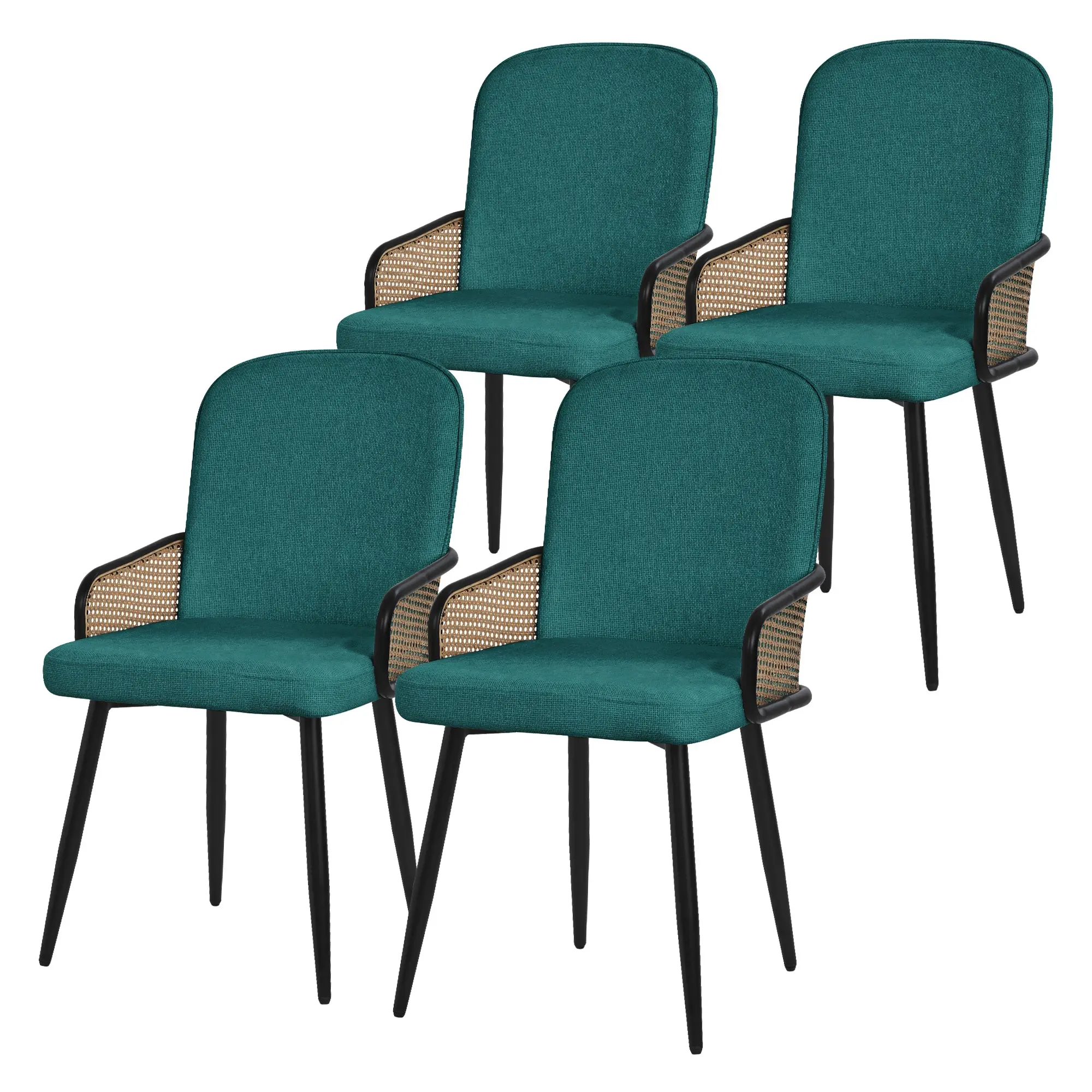 Lot de 4 chaises de salle à manger en tissu bleu pétrole accoudoirs en rotin pieds en métal noir assise rembourrée confortable fauteuils ergonomiques