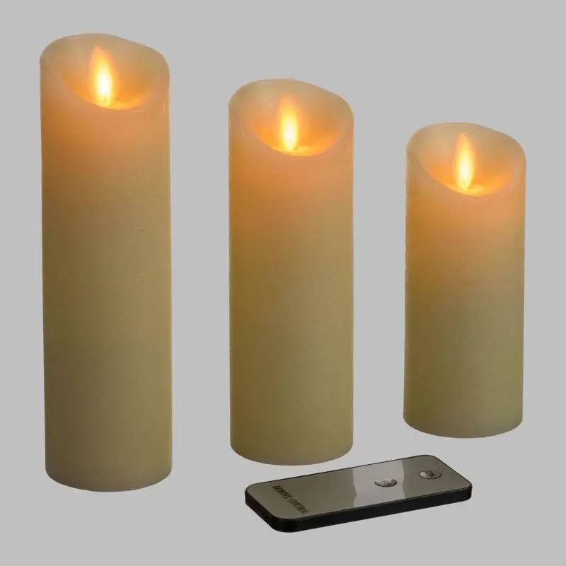 Lot de 3 Bougies Cylindriques Ø5,2cm Cire Couleur Ivoire finition rustique Rustic LED BLANC CHAUD Lotti