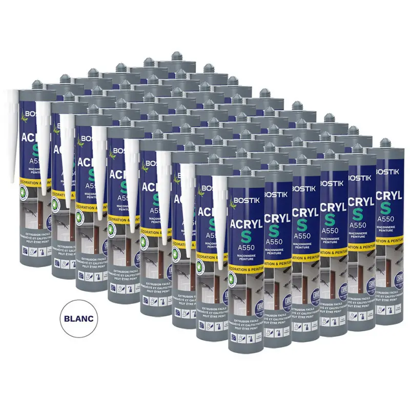 Lot de 48 Mastics d’étanchéité ACRYL S A550 310ml (Blanc, Gris ou Brun) BOSTIK – Couleur: Blanc