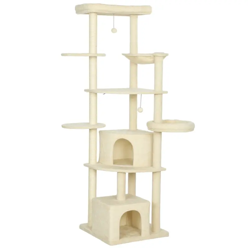 Griffoir pour chat de 2 mètres avec plateformes, cachettes et hamac, Sisal, Bois, Polyester, Beige