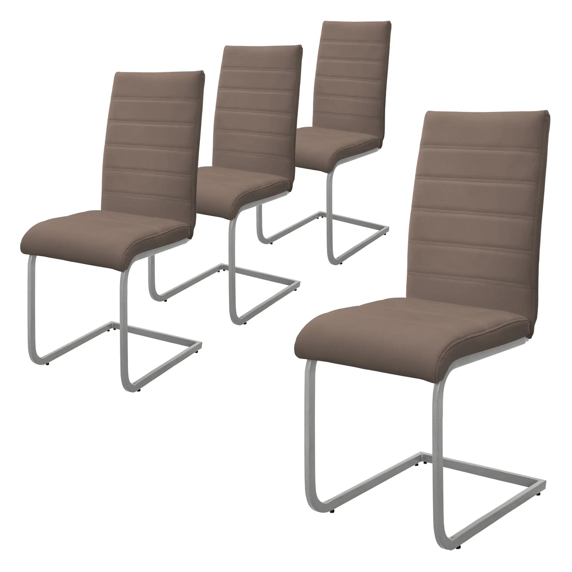 Lot de 4 chaises de salle à manger marron cantilever à piétement métallique luge argenté assise rembourrée en matériau synthétique patins inclus