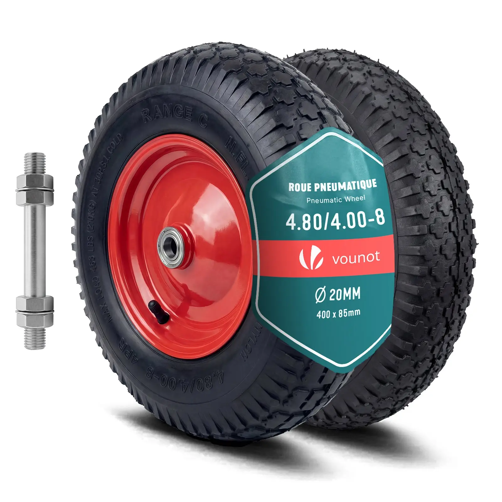 Lot de 2 Roue gonflable robuste 4.80/4.00-8 pour chariot brouette alesage 20mm 400x85mm rouge