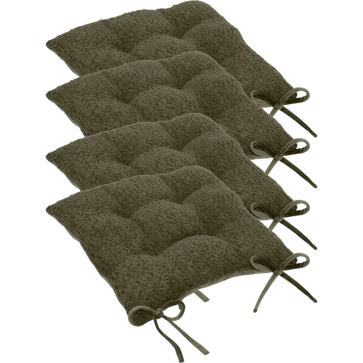 Lot de 4 Galettes de chaise tissage Vert Kaki effet bouclette 38 x 38 cm