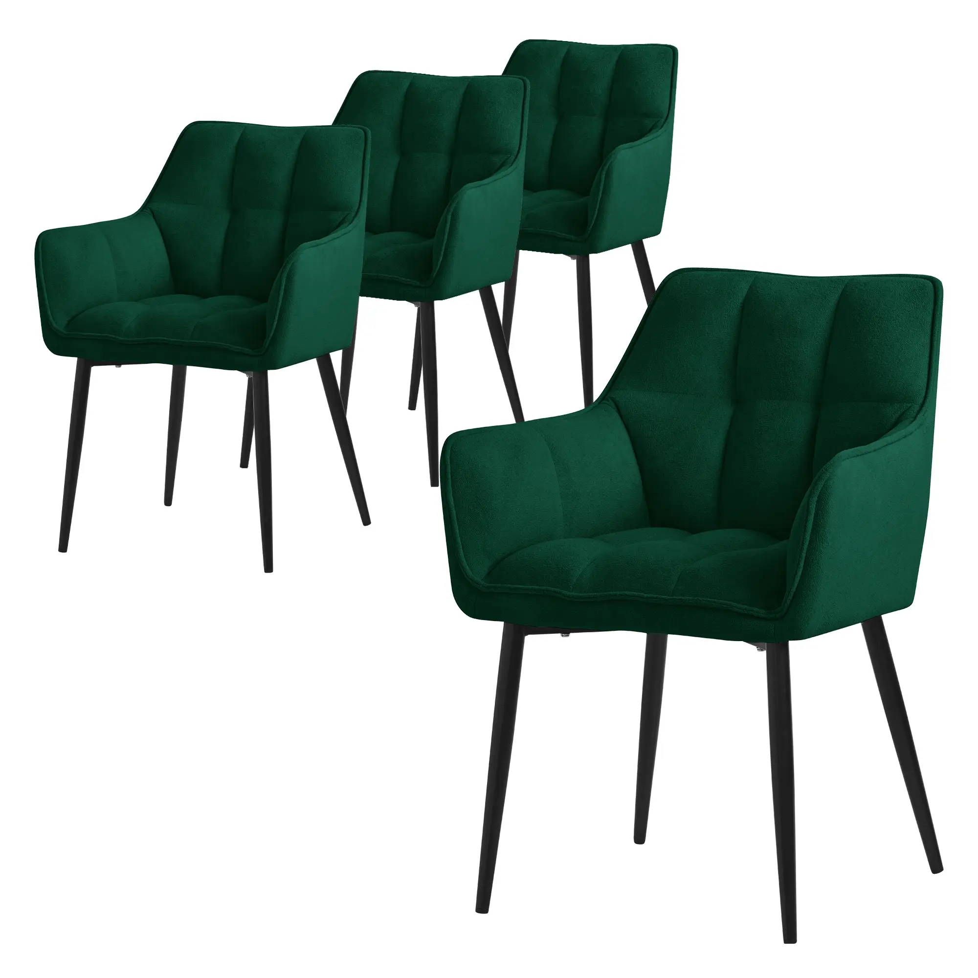 Lot de 4 chaises de salle à manger vert foncé dossier et accoudoirs ergonomiques assise rembourrée en tissu éponge piètement en métal design moderne
