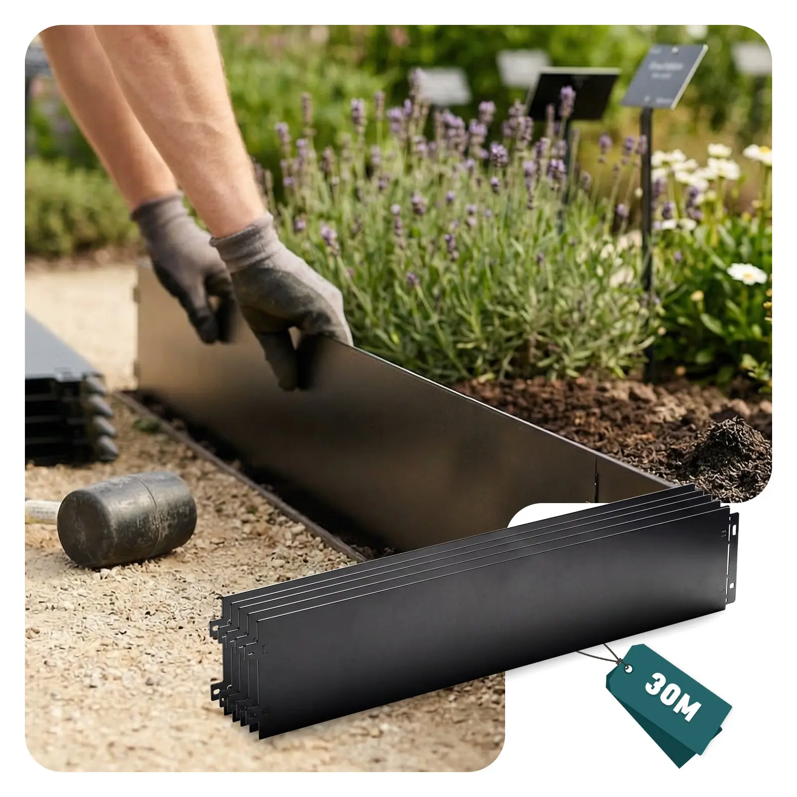 Lot de 30 Bordure de jardin en métal flexible 100x18cm noir – clôture gazon antirouille 30m – VOUNOT®