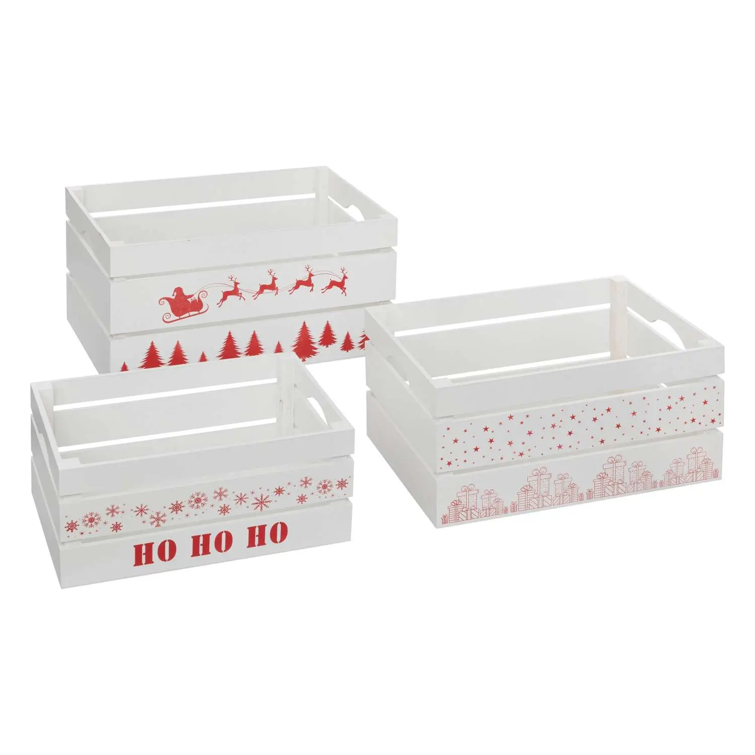 Lot de 3 cagettes de Noël en bois – L. 40 x P. 25 x H. 20 cm – Blanc – Atmosphera