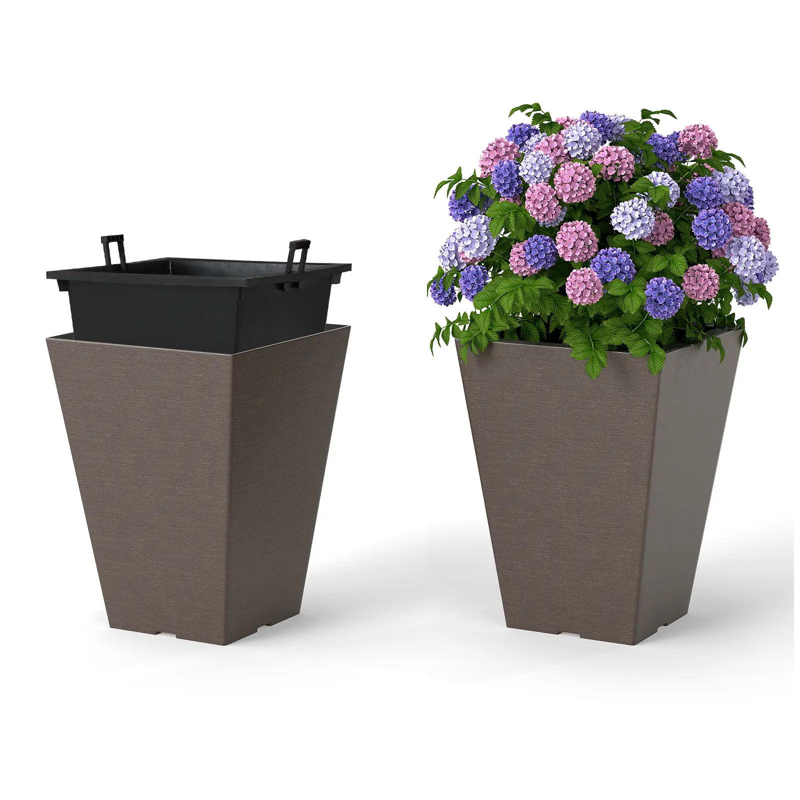 Lot de 2 Pots à Plantes en Forme de Cône, Jardinières Carrées 35 CM avec Système d’Auto-Arrosage Seau Intérieur Amovible, Intérieurs Extérieur, Brun