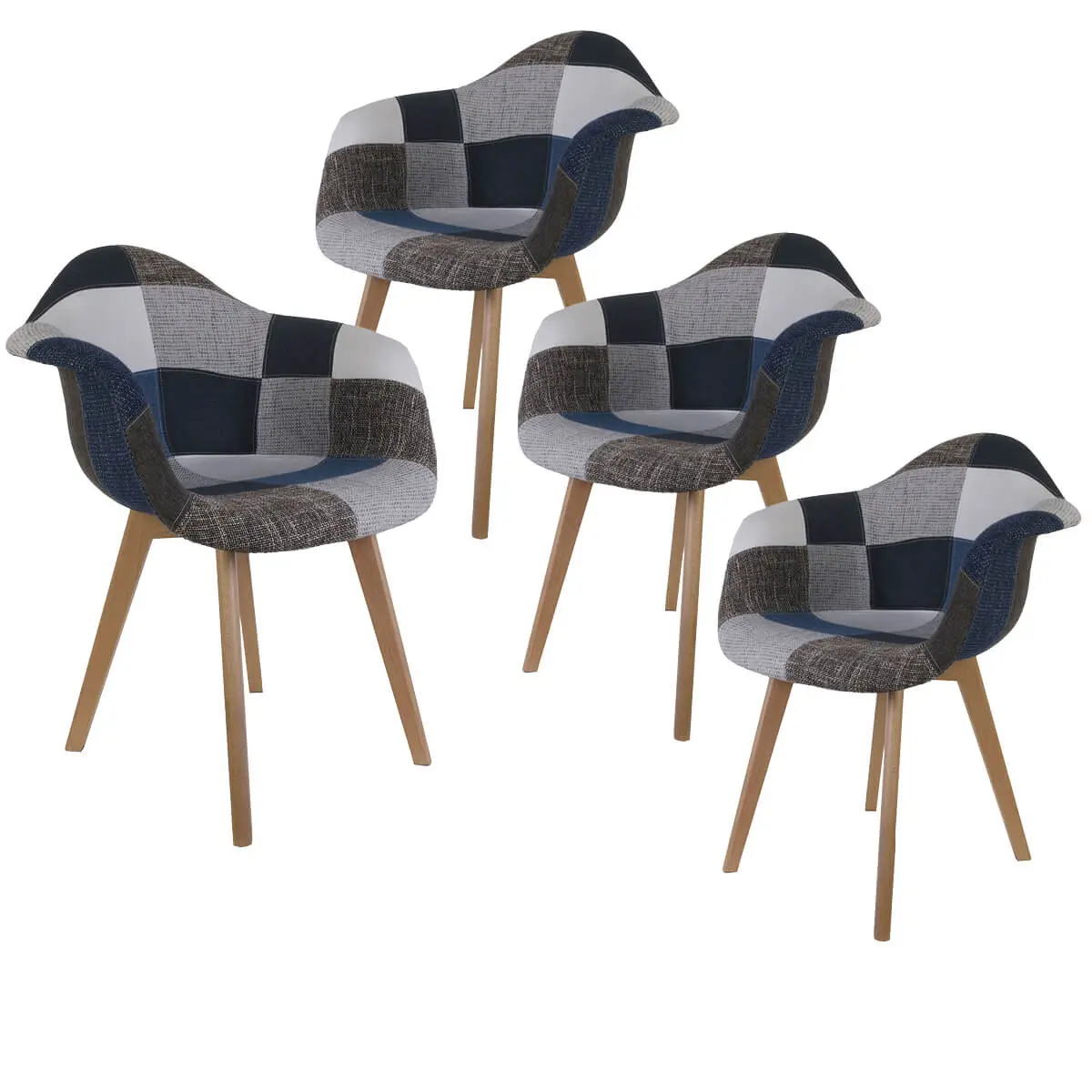 Lot de 4 Fauteuils Patchwork Bleu et Gris – DAMAS
