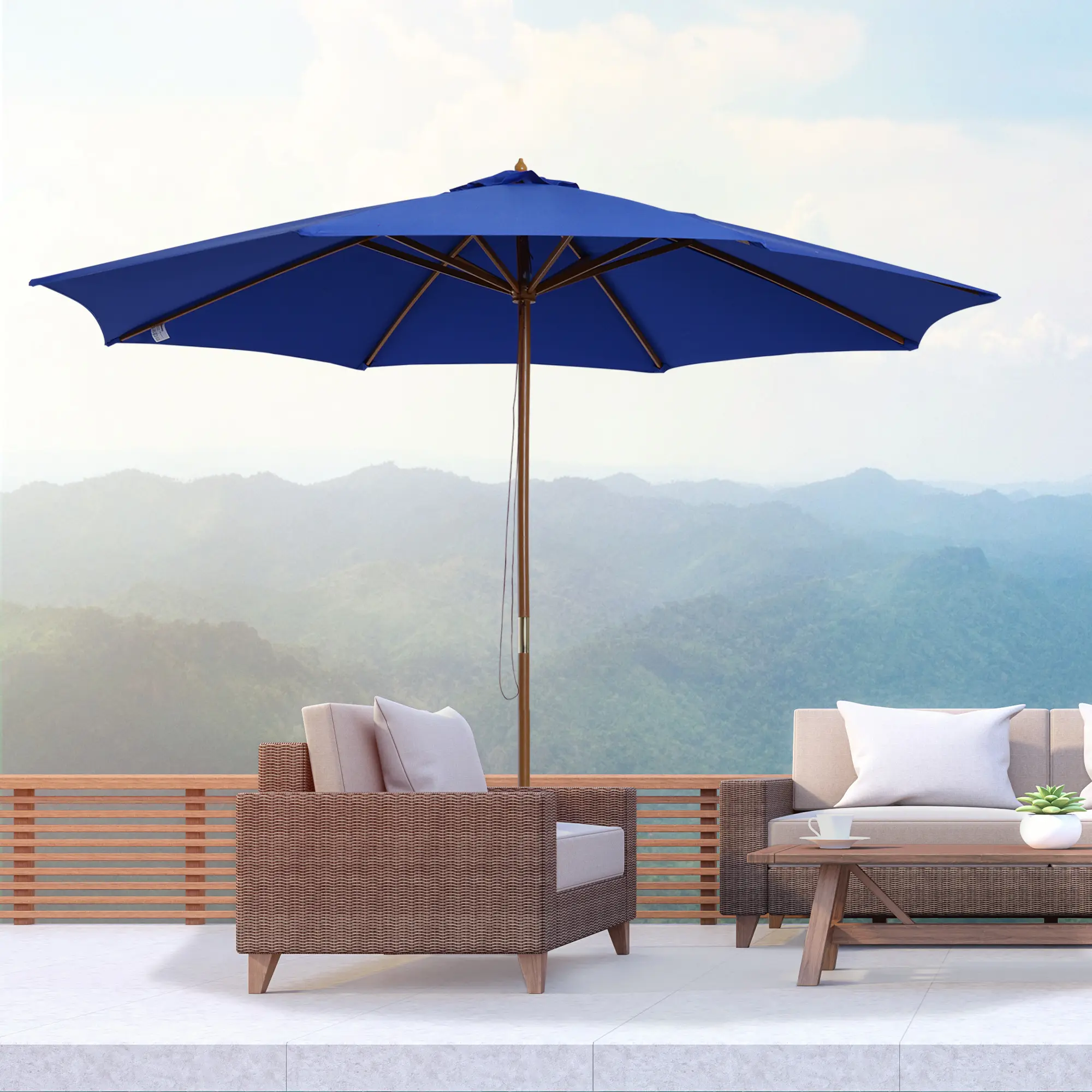 Parasol de jardin droit en bois et bambou pour terrasse extérieur anti UV 300cm bleu