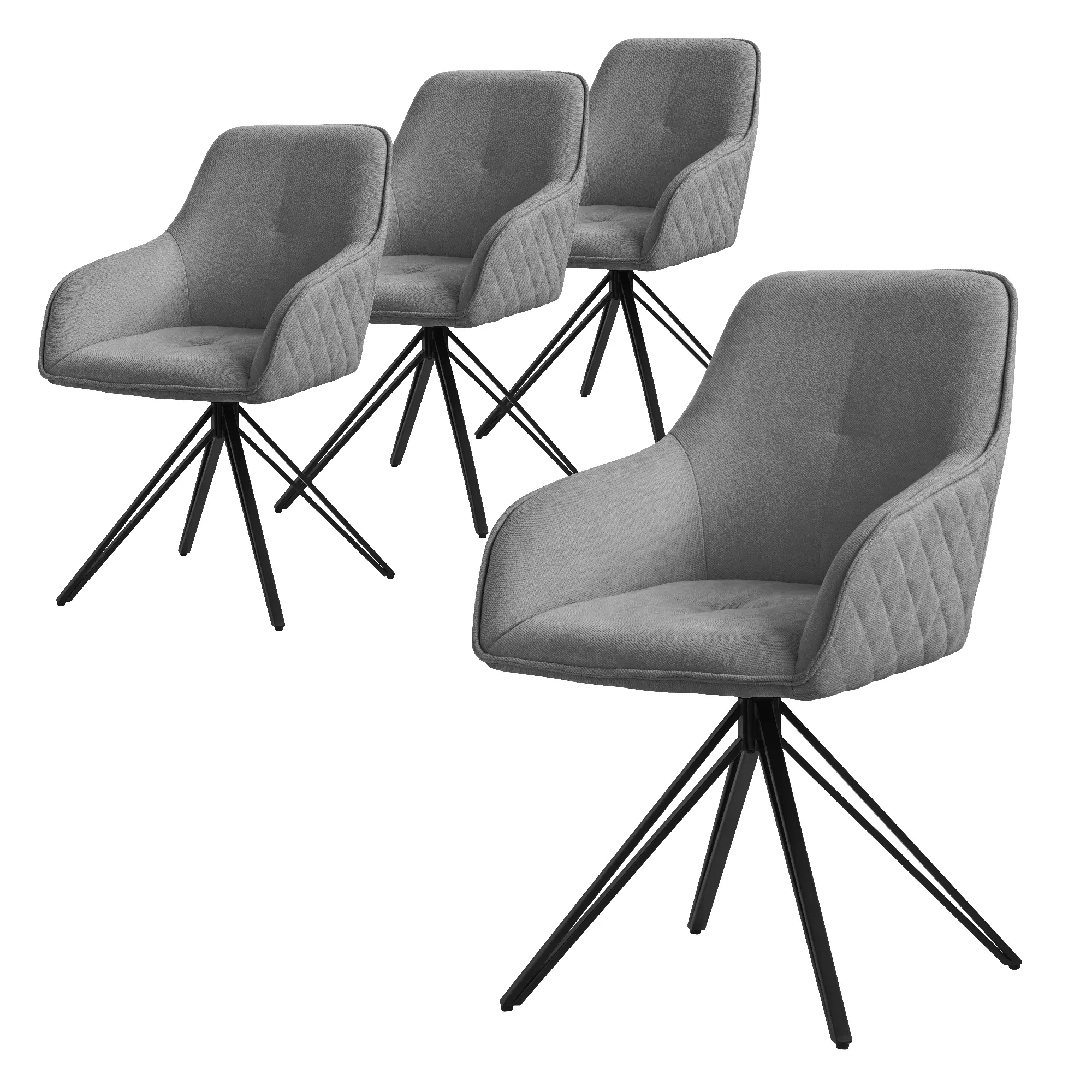 Lot de 4 chaises de salle à manger gris pivotante avec dossier et accoudoirs ergonomiques revêtement en textile tissé piètement noir en métal