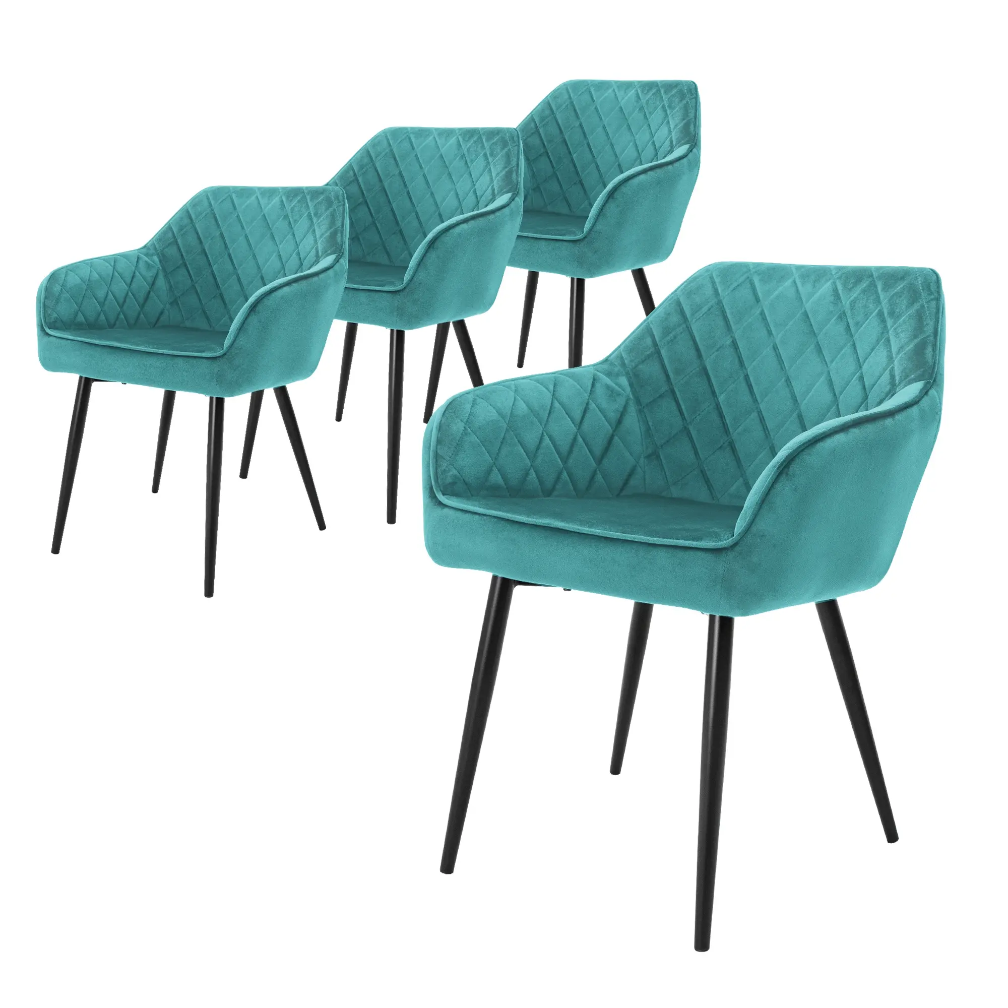 Lot de 4 chaises de salle à manger pétrole assise dossier et accoudoirs ergonomiques revêtement en velours doux pieds noir en acier design moderne