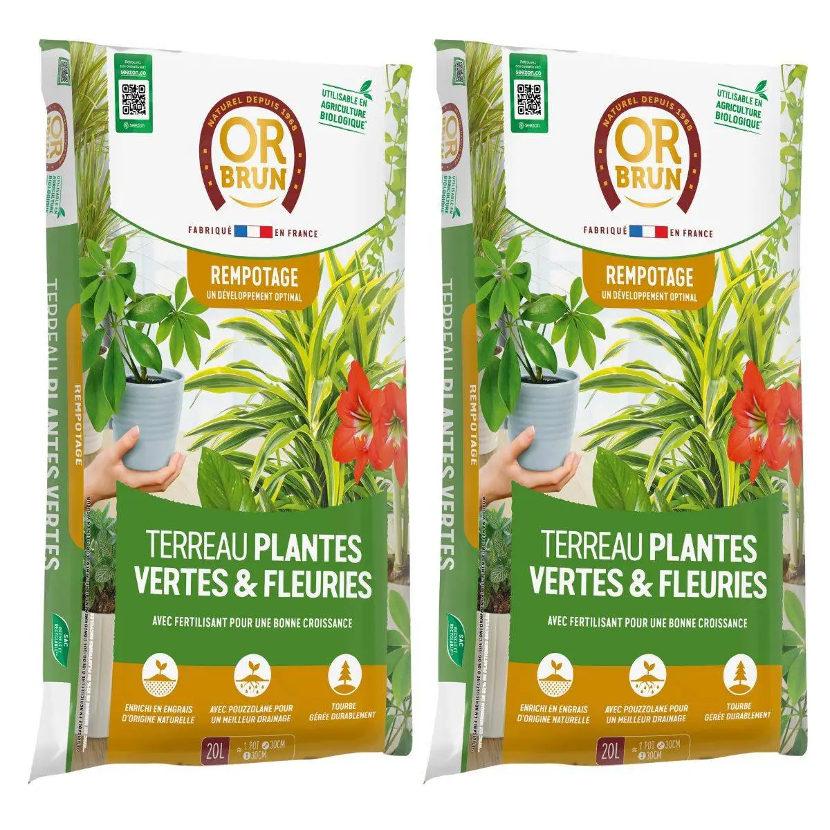 Lot de 2 Terreaux Or Brun 20L – Substrat pour Plantes Vertes & Fleuries