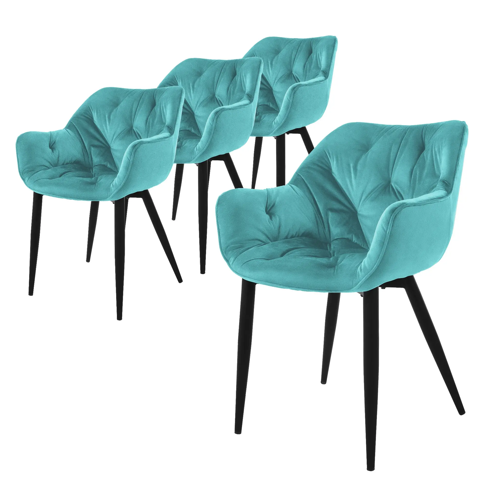 Lot de 4 chaises de salle à manger pétrole dossier et accoudoirs ergonomiques revêtement en velours doux piètement noir en métal design moderne