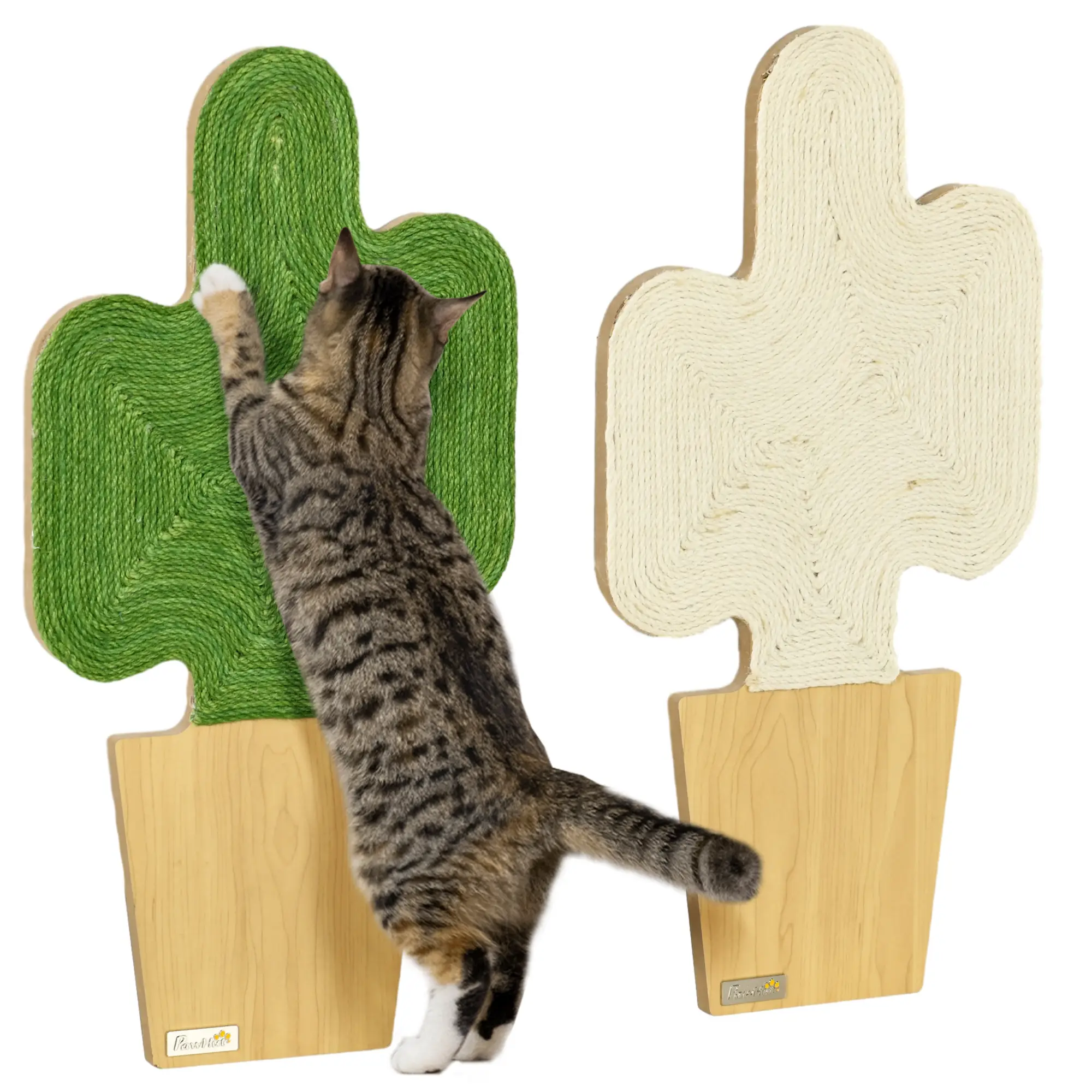 Lot de 2 griffoirs grattoirs murals design cactus dim. 30L x 60H cm jute naturelle écru verte aspect bois clair