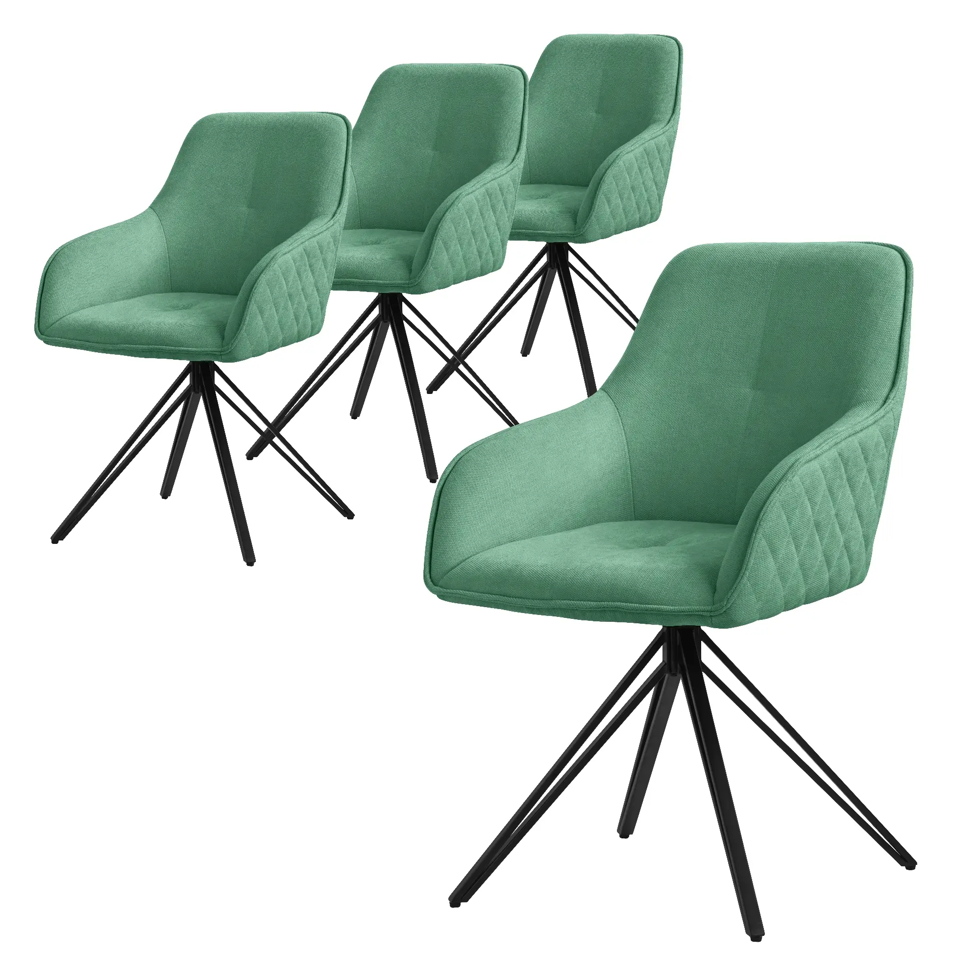 Lot de 4 chaises de salle à manger vert pivotante avec dossier et accoudoirs ergonomiques revêtement en textile tissé piètement noir en métal