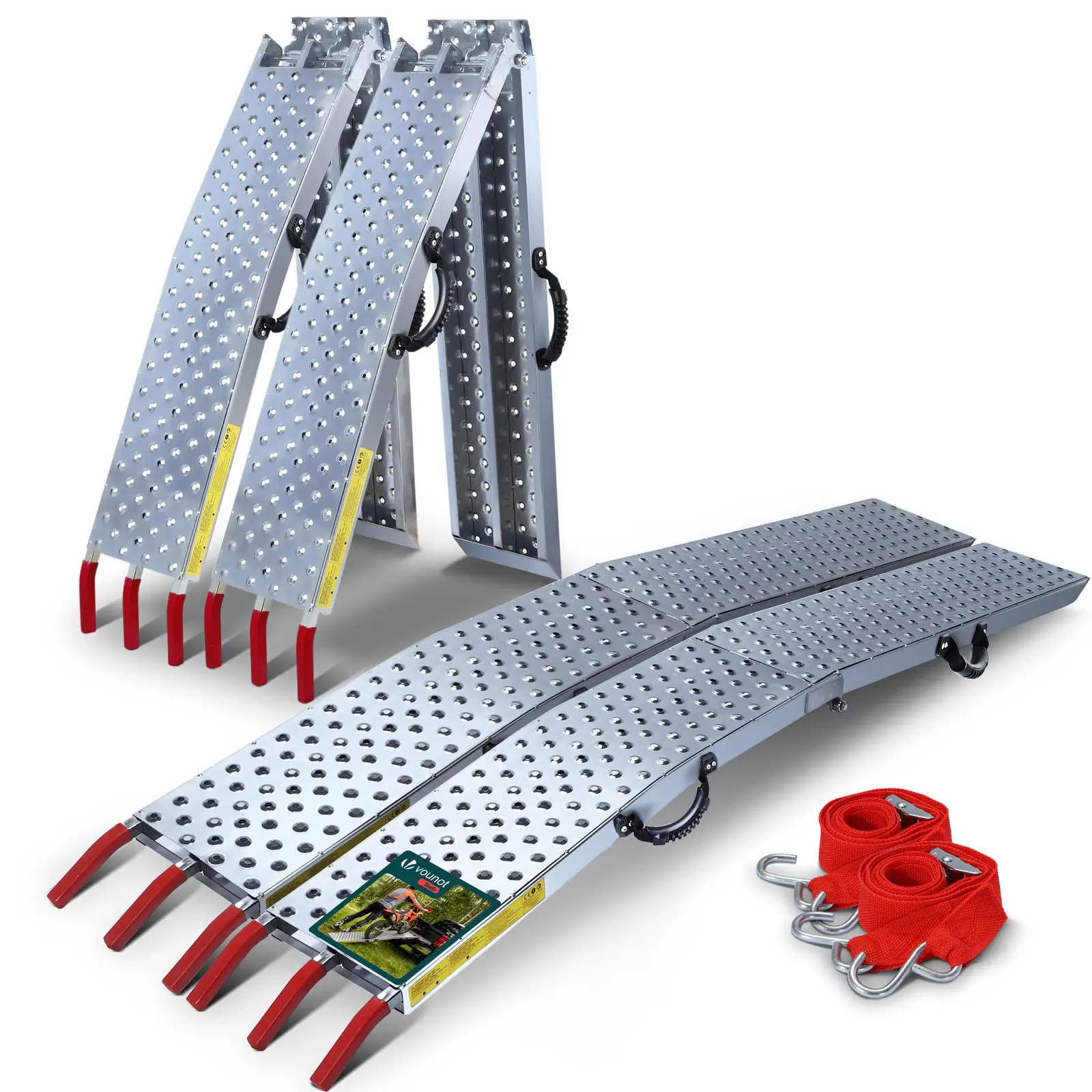 Lot de 2 Rampes de chargement pliable 196cm en acier galvanisé – 800kg Max – Antidérapante – Sangles de sécurité à crochet – VOUNOT®