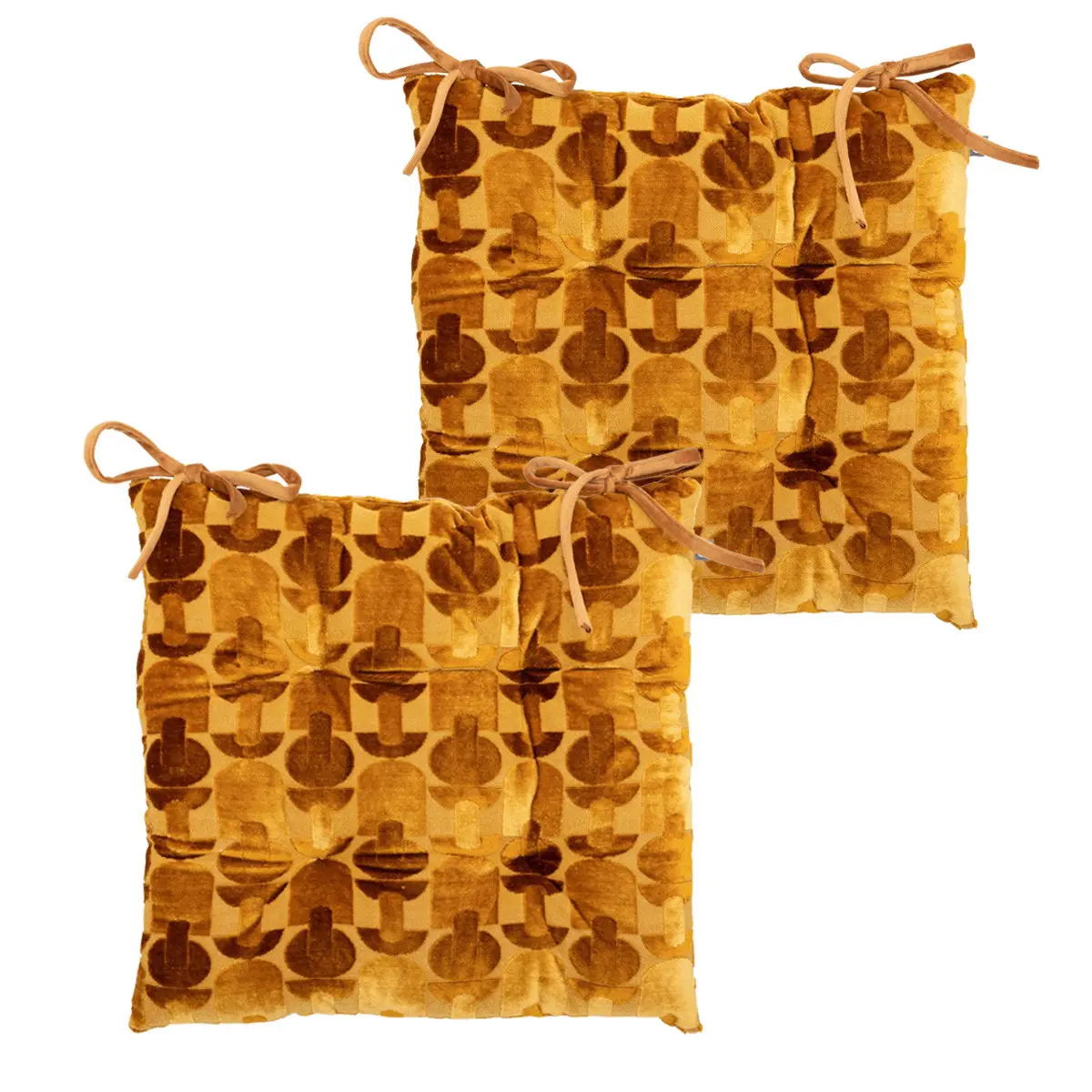 Lot de 2 Galettes de chaise Jacquard velours Ocre motif graphique 38 x 38 cm