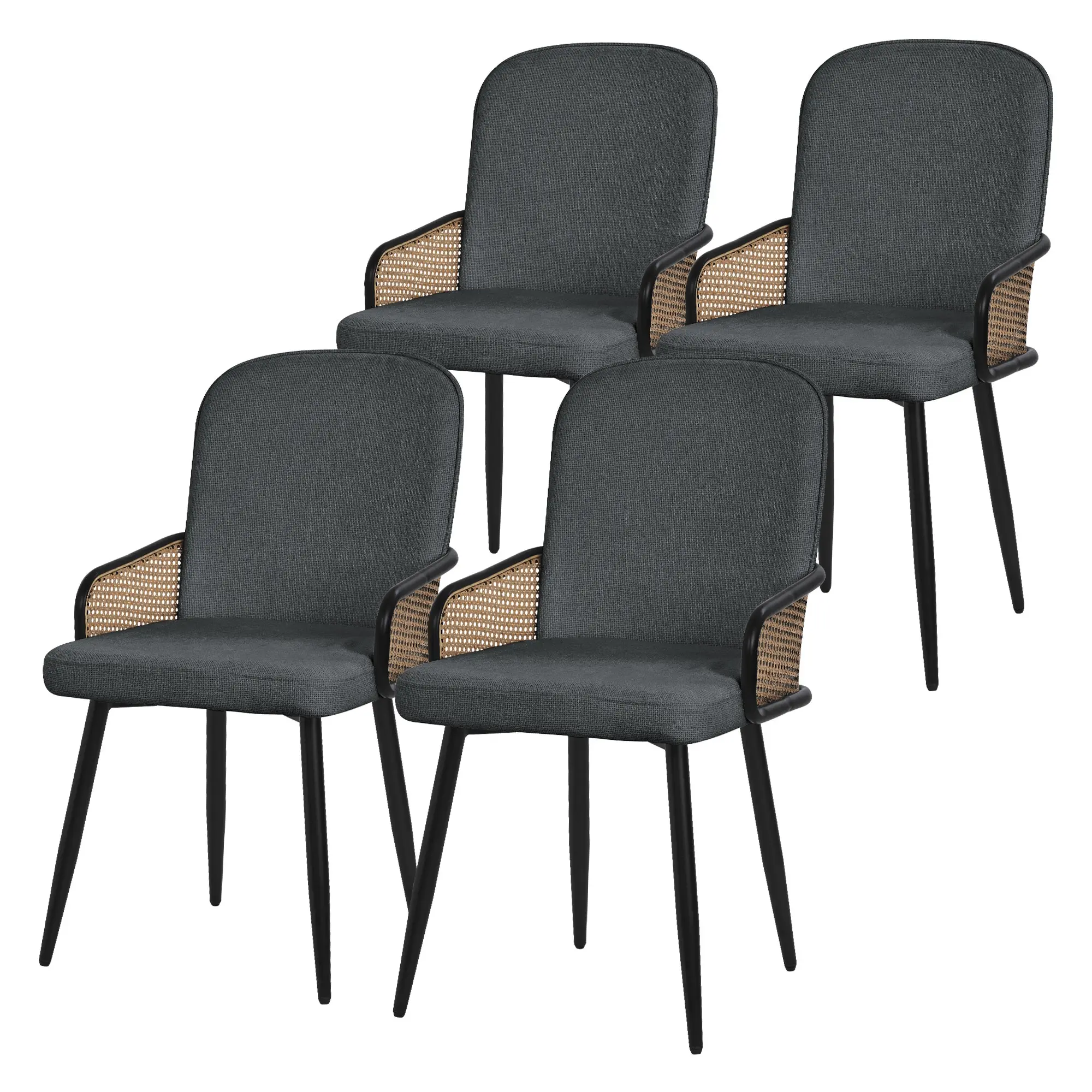 Lot de 4 chaises de salle à manger en tissu anthracite accoudoirs en rotin pieds en métal noir assise rembourrée confortable fauteuils ergonomiques