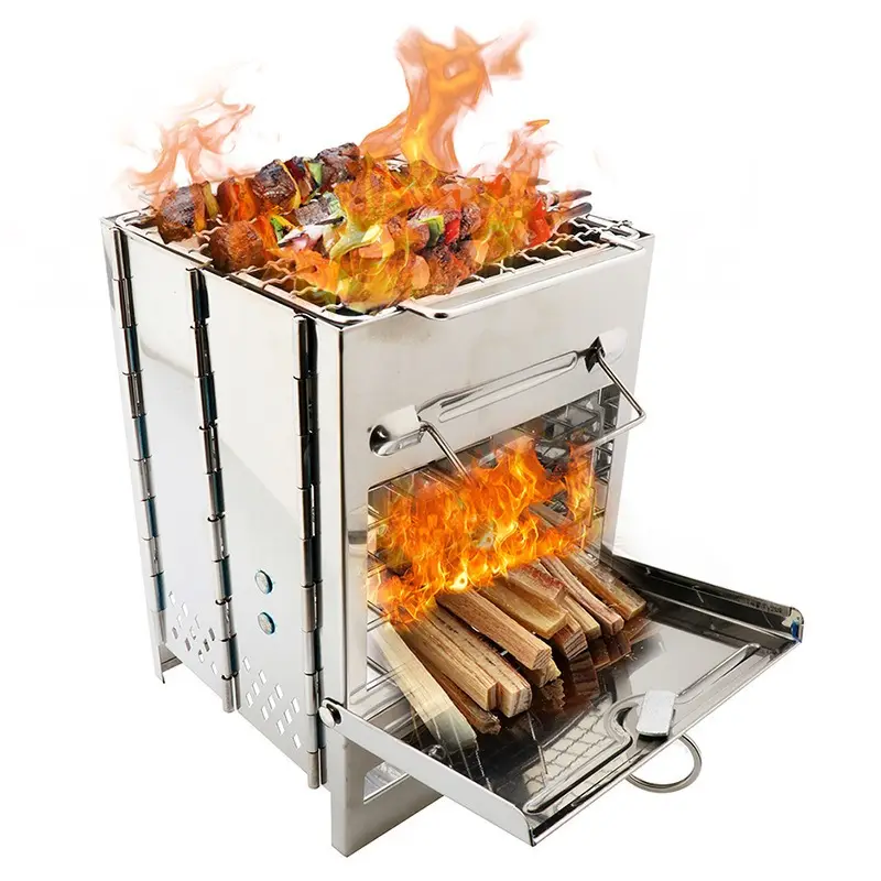 Gril BBQ Pliable en Acier Inox – Four de Camping avec Filet, Bac à Cendres et Sac