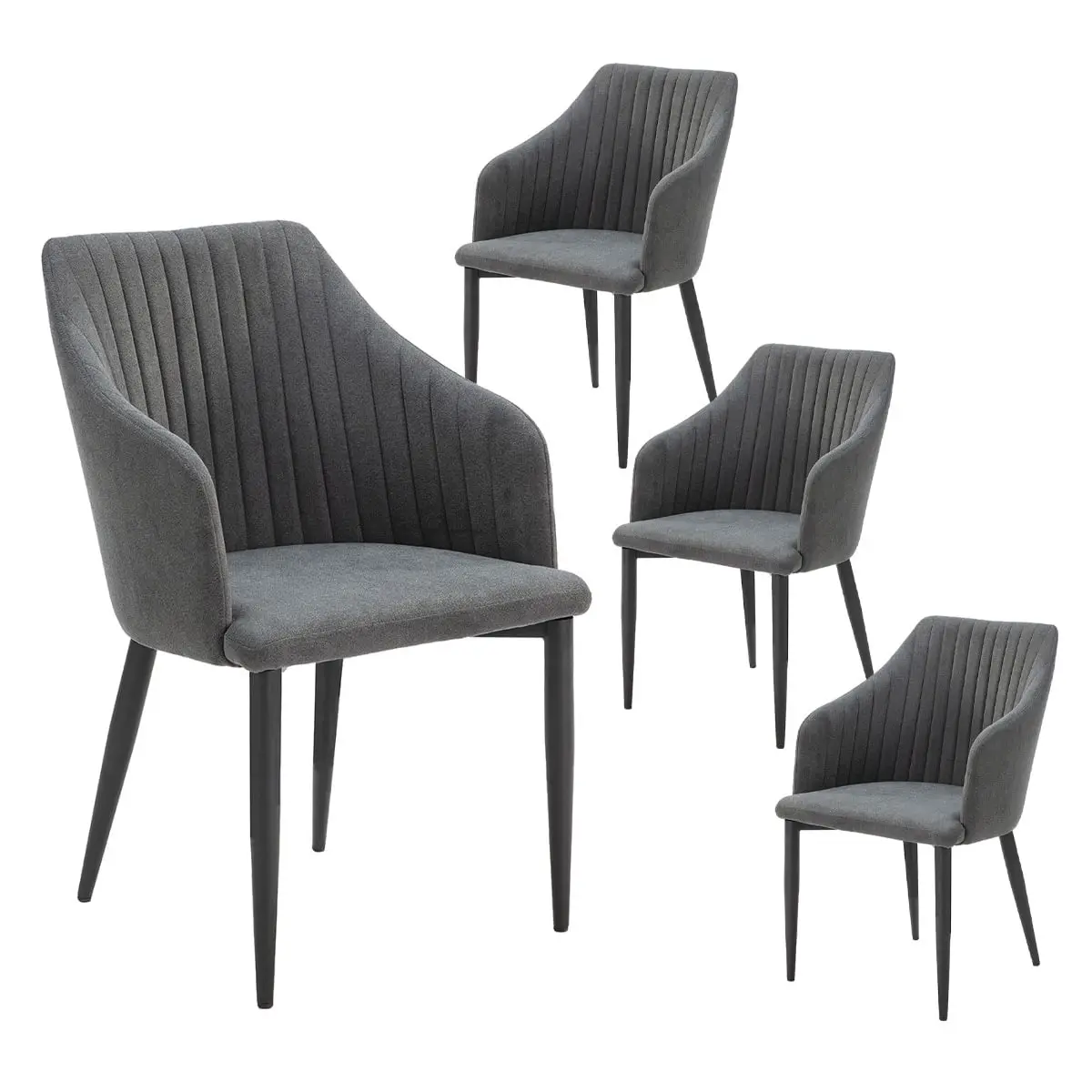 Lot de 4 Fauteuils Tissu Noir Surpiqures Verticales Pieds Métal – FASCA