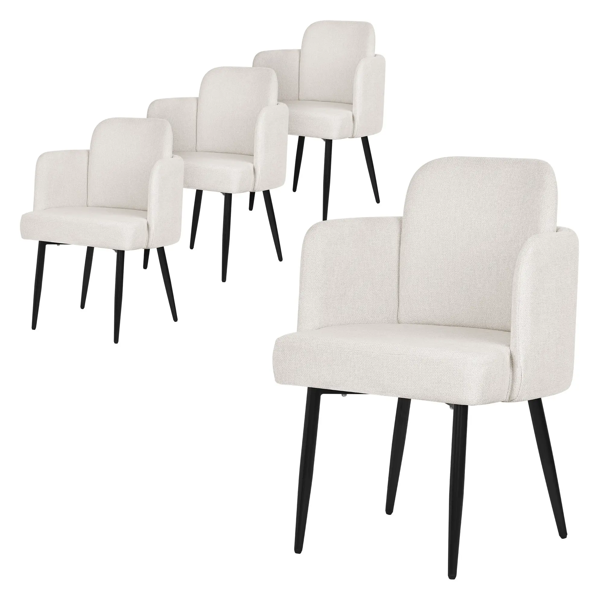 Lot de 4 chaises salle à manger en tissu beige avec accoudoirs et dossier aspect rotin pieds en métal assise rembourrée fauteuils ergonomiques cuisine
