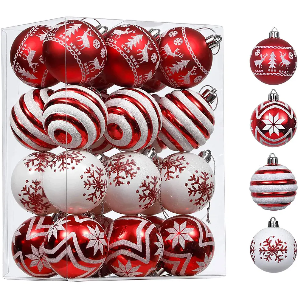 Lot de 24 boules de Noël rouges et blanches, incassables, avec ficelles, boules de Noël multicolores à suspendre