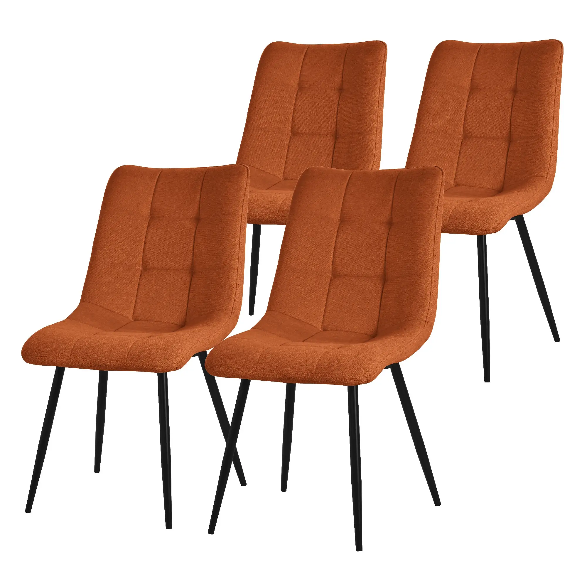 Lot de 4 chaises de salle à manger orange assise et dossier rembourrés en éponge tissu polyester ergonomique pieds noir en acier design élégant