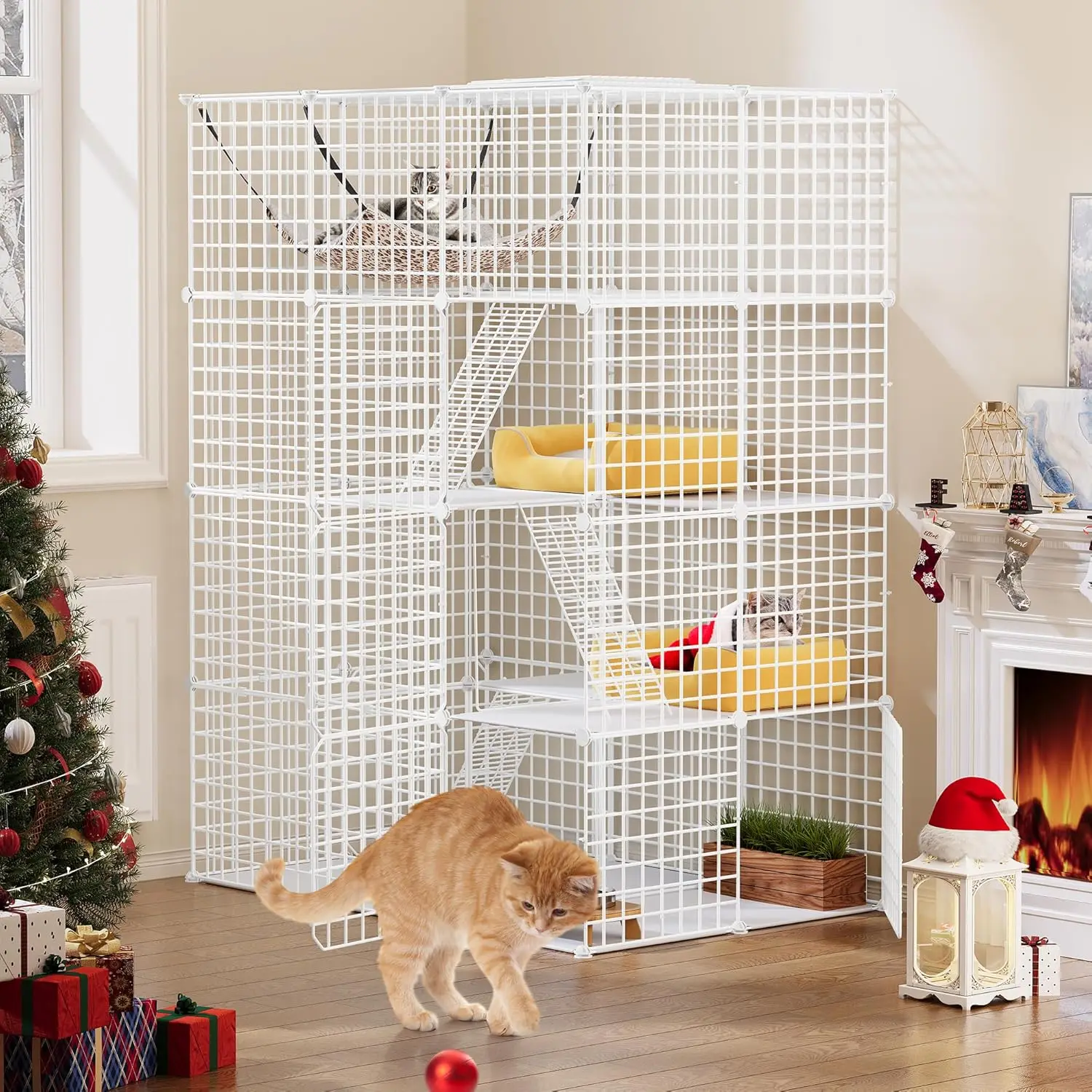 Grande cage pour chat d’intérieur, enclos en fil métallique à 4 niveaux avec 4 portes, 3 échelles