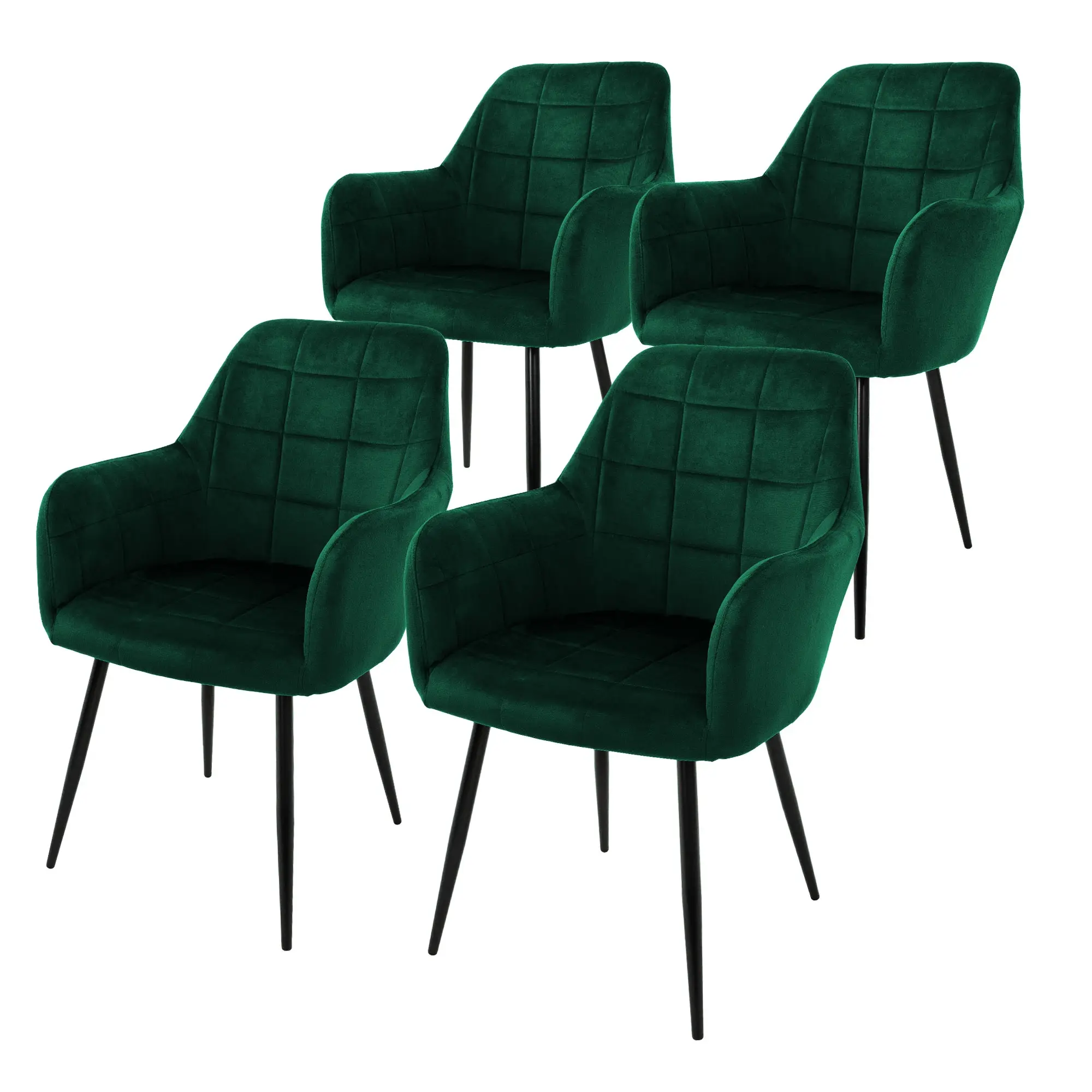 Lot de 4 chaises de salle à manger vert foncé dossier et accoudoirs ergonomiques coque d’assise en velours doux pieds noir en acier design raffiné