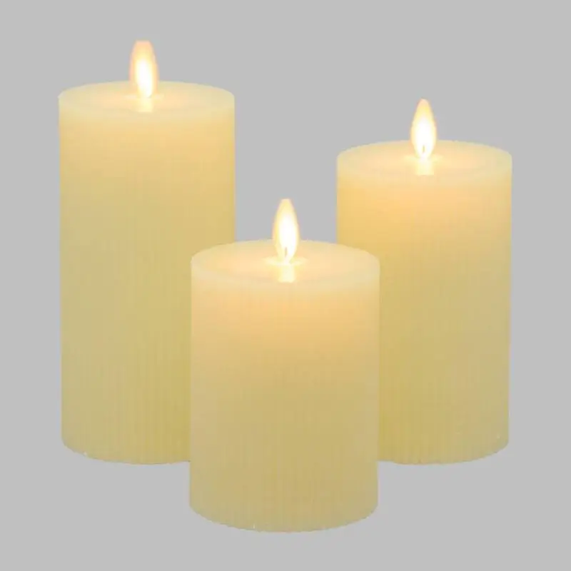 Lot de 3 Bougies Cylindriques Moving Flame avec Nervures Ø7,5cm H10/12,5/15cm Cire Ivoire avec Télécommande