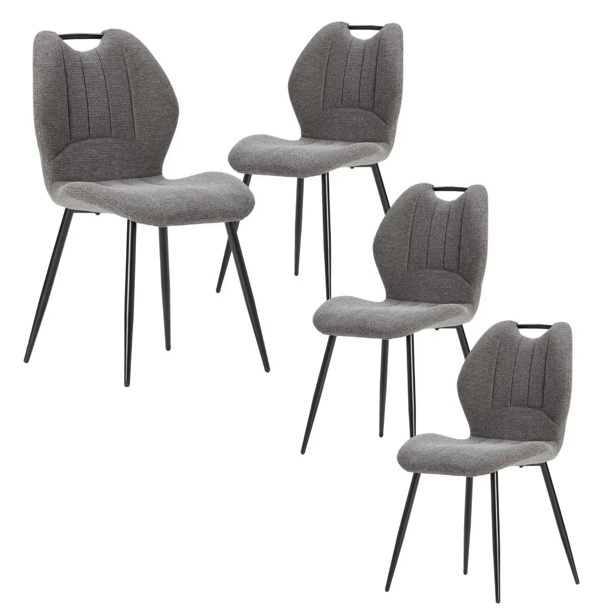 Lot de 4 chaises en tissu polyester maillé gris avec poignée et pieds en métal laqué noir – MILDA