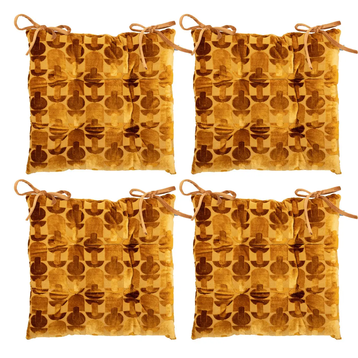 Lot de 4 Galettes de chaise Jacquard velours Ocre motif graphique 38 x 38 cm