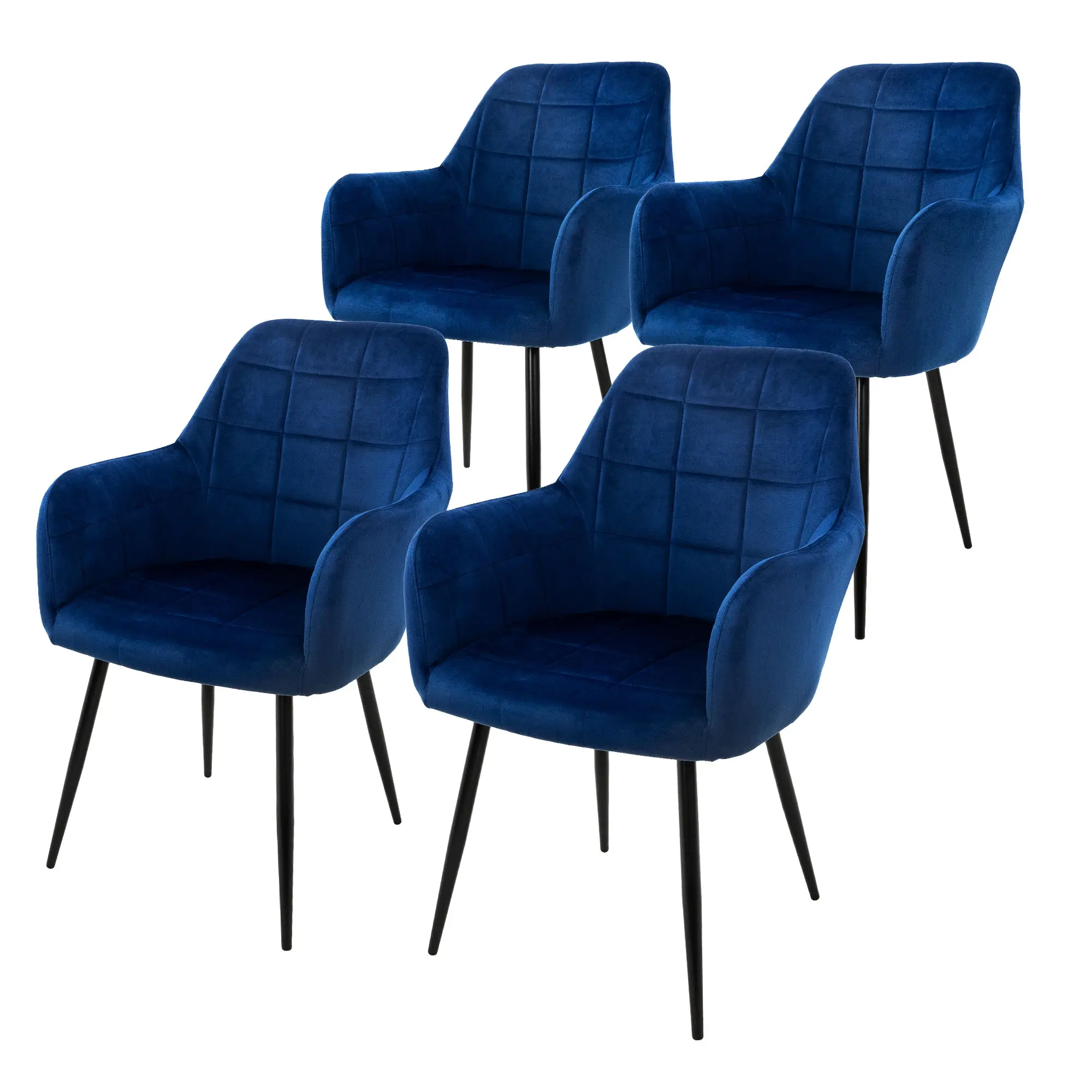 Lot de 4 chaises de salle à manger bleu foncé dossier et accoudoirs ergonomiques coque d’assise en velours doux pieds noir en acier design raffiné