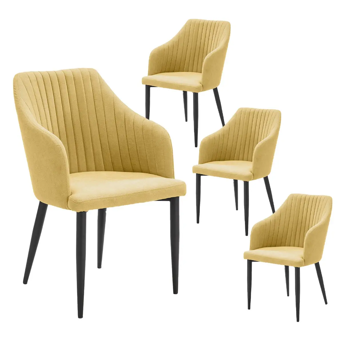 Lot de 4 Fauteuils Tissu Jaune Surpiqures Verticales Pieds Métal Noir – FASCA