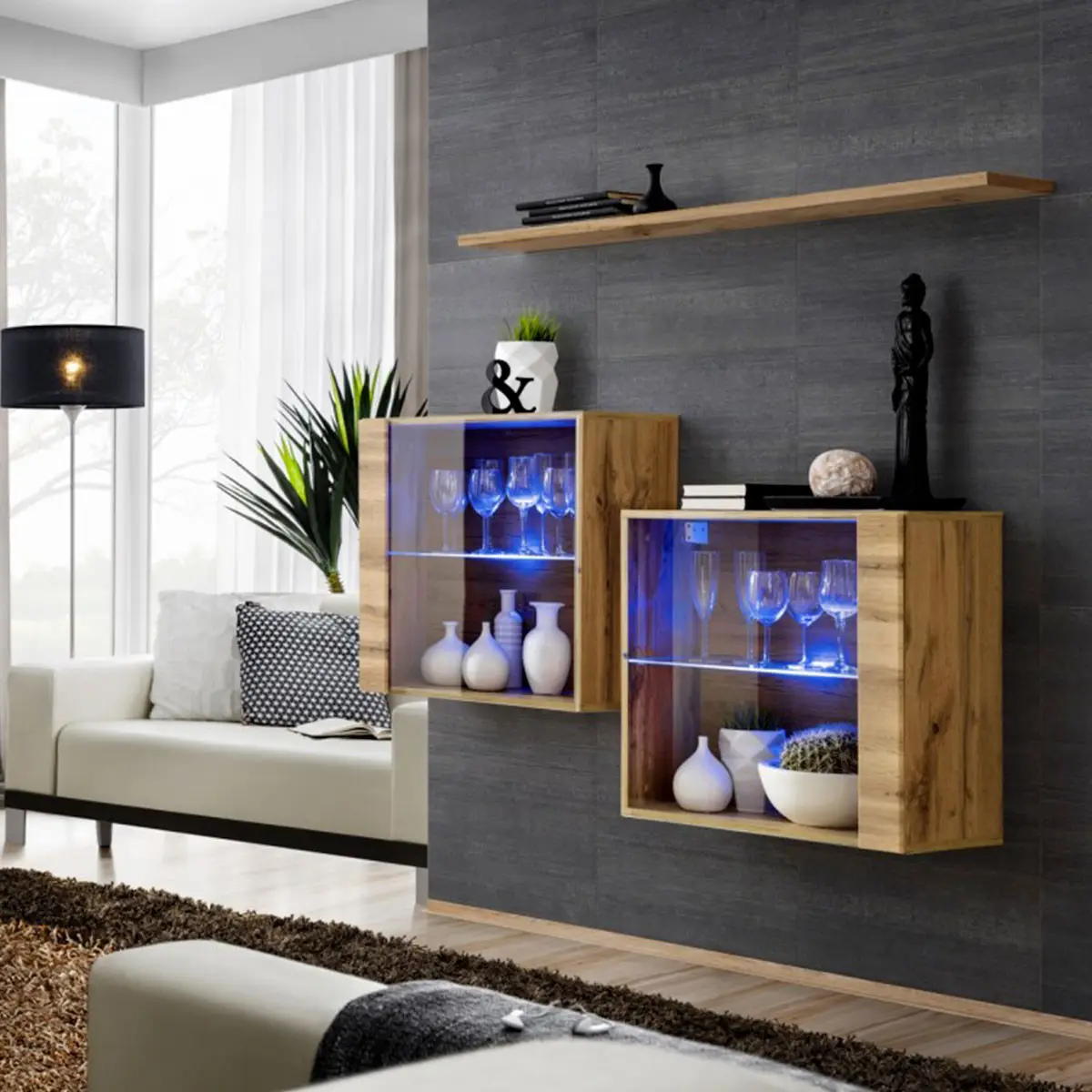 Lot de 2 Vitrines Murales & Étagère «Switch SBIII» 130cm Naturel