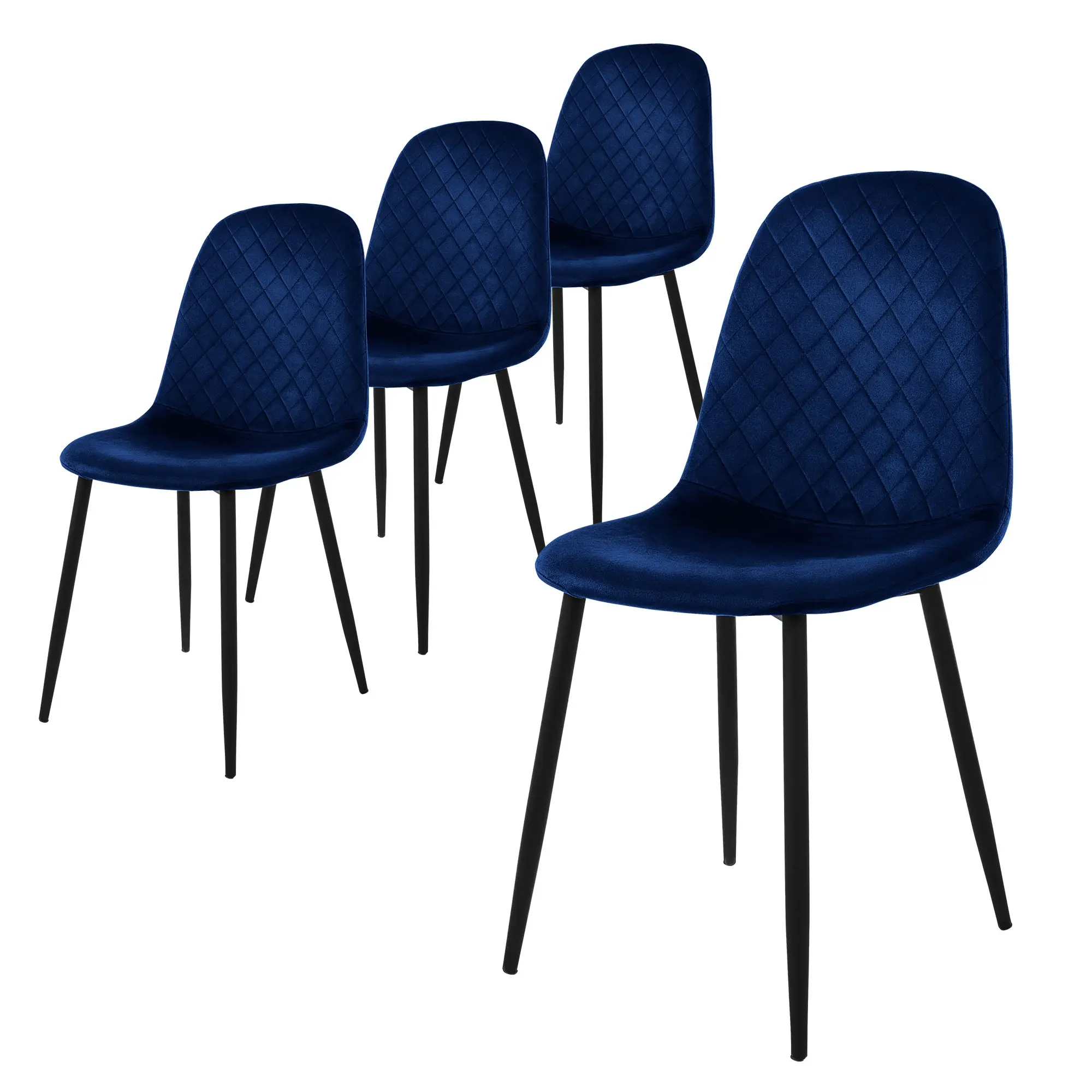 Lot de 4 chaises de salle à manger bleu foncé dossier incurvé ergonomique assise rembourrée velours piètement métallique noir design moderne raffiné