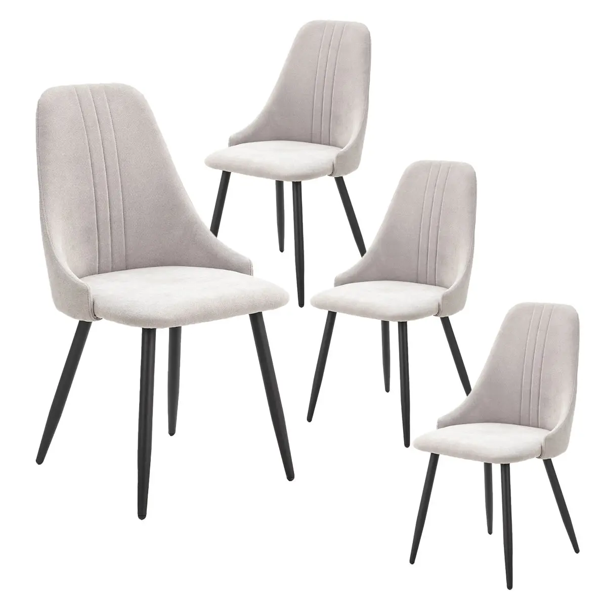 Lot de 4 Chaises Tissu Gris Clair 3 Lignes Surpiquées Pieds Métal Noir – MICAT