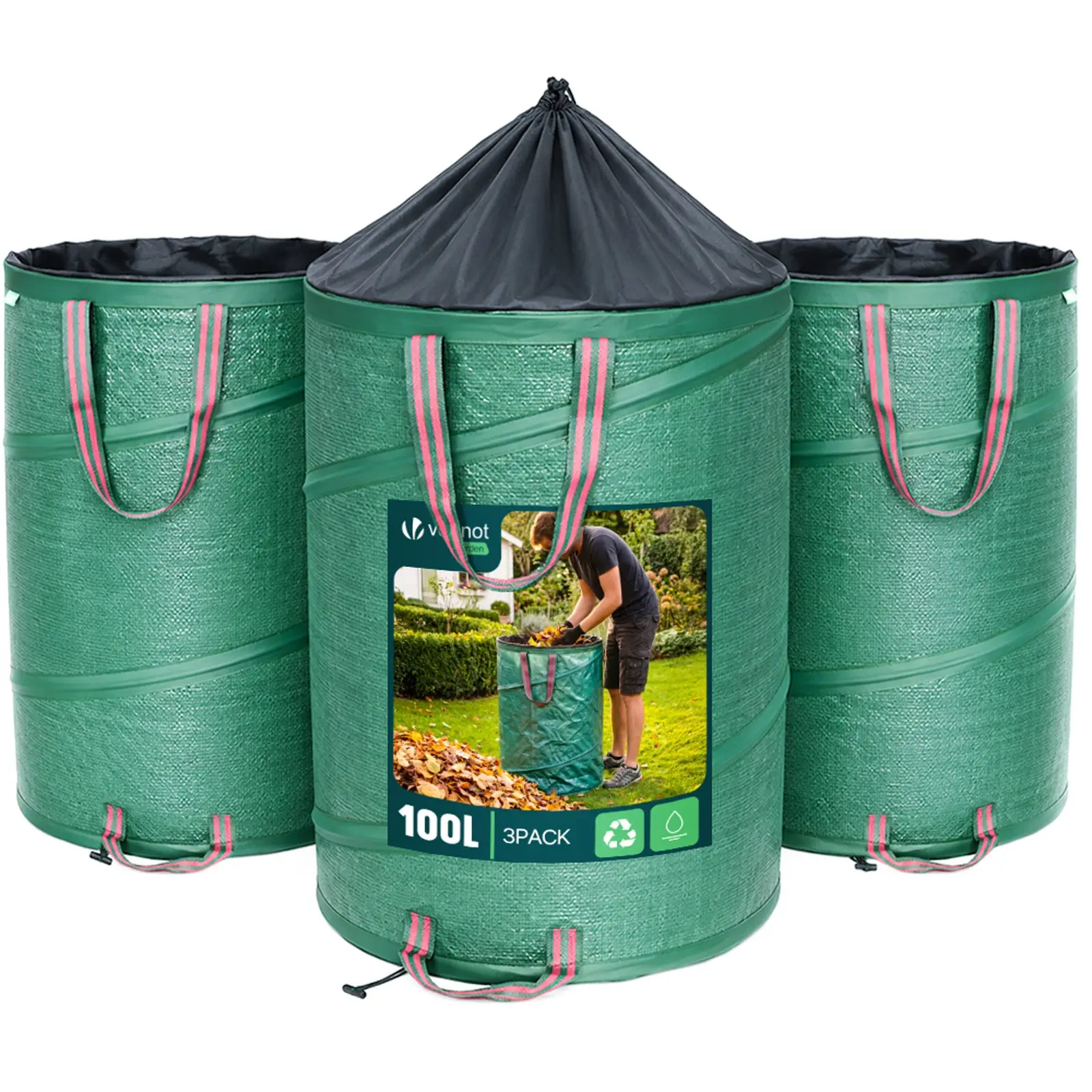 Lot de 3 Sac de Jardin Pop up 100L en Polyéthylène avec Poignées