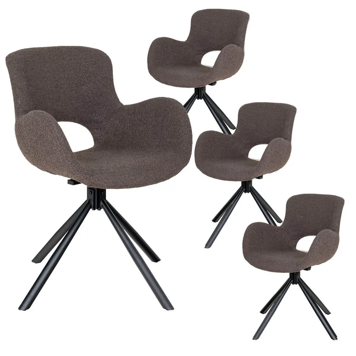 Lot de 4 Fauteuils de Table Tissu Bouclé Taupe Pied Pivotant Métal Noir – HERMOS