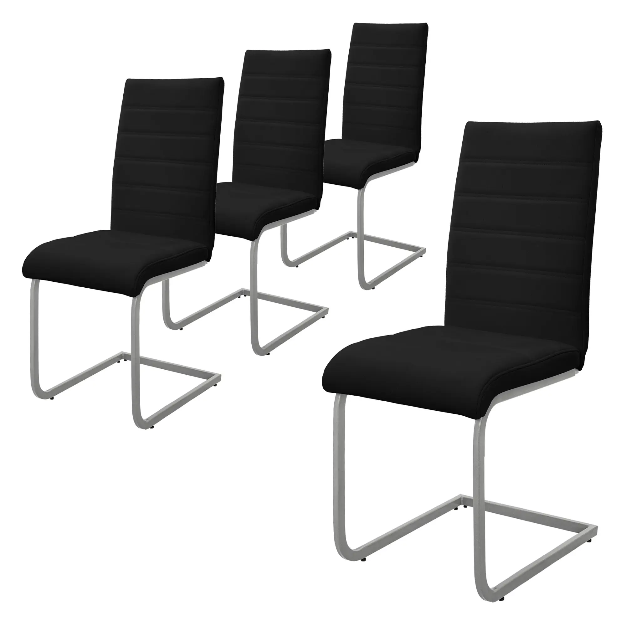 Lot de 4 chaises de salle à manger noir cantilever à piétement métallique luge argenté assise rembourrée en matériau synthétique patins inclus