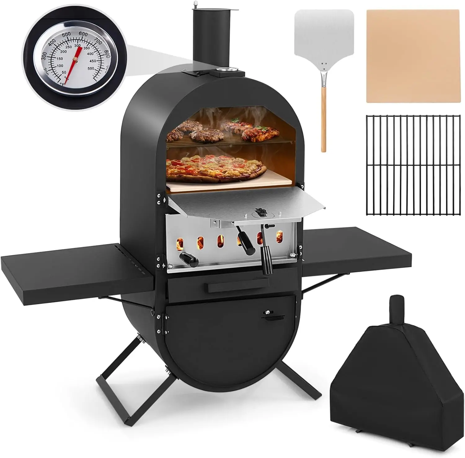 Four à Pizza au Feu de Bois Extérieur, Grill à Pizza avec Pierre à Pizza de 31 cm Pelle à Pizza Grille de Cuisso Thermomètre